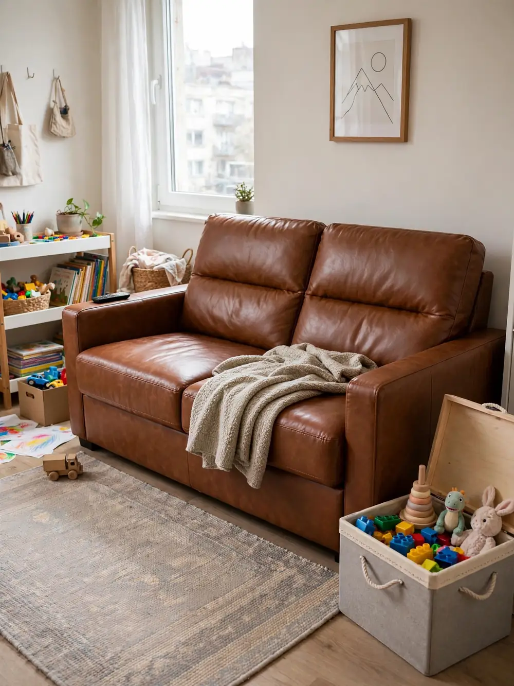 Wipe-clean faux leather sleeper sofa in a family living room