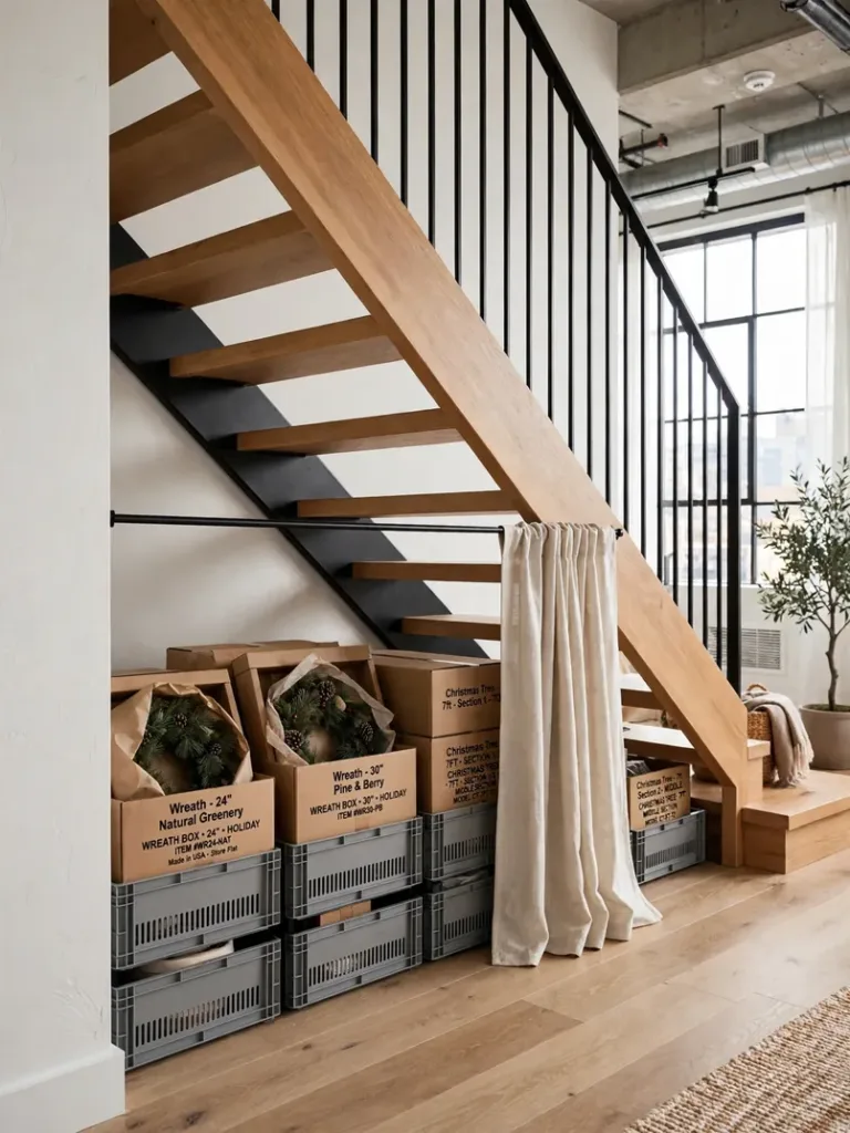 Labeled bins and wreath boxes stacked under an open staircase, partly hidden by a curtain