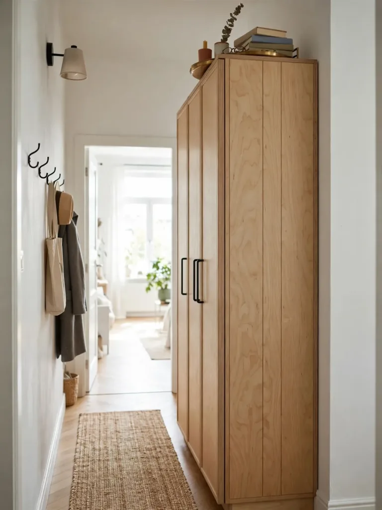 Slim-profile murphy bed cabinet closed in a narrow apartment hallway