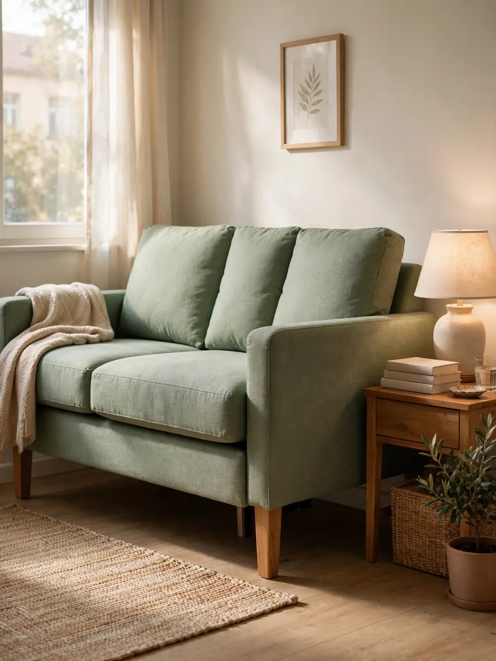 Raised-height sleeper sofa with higher seat in a guest corner