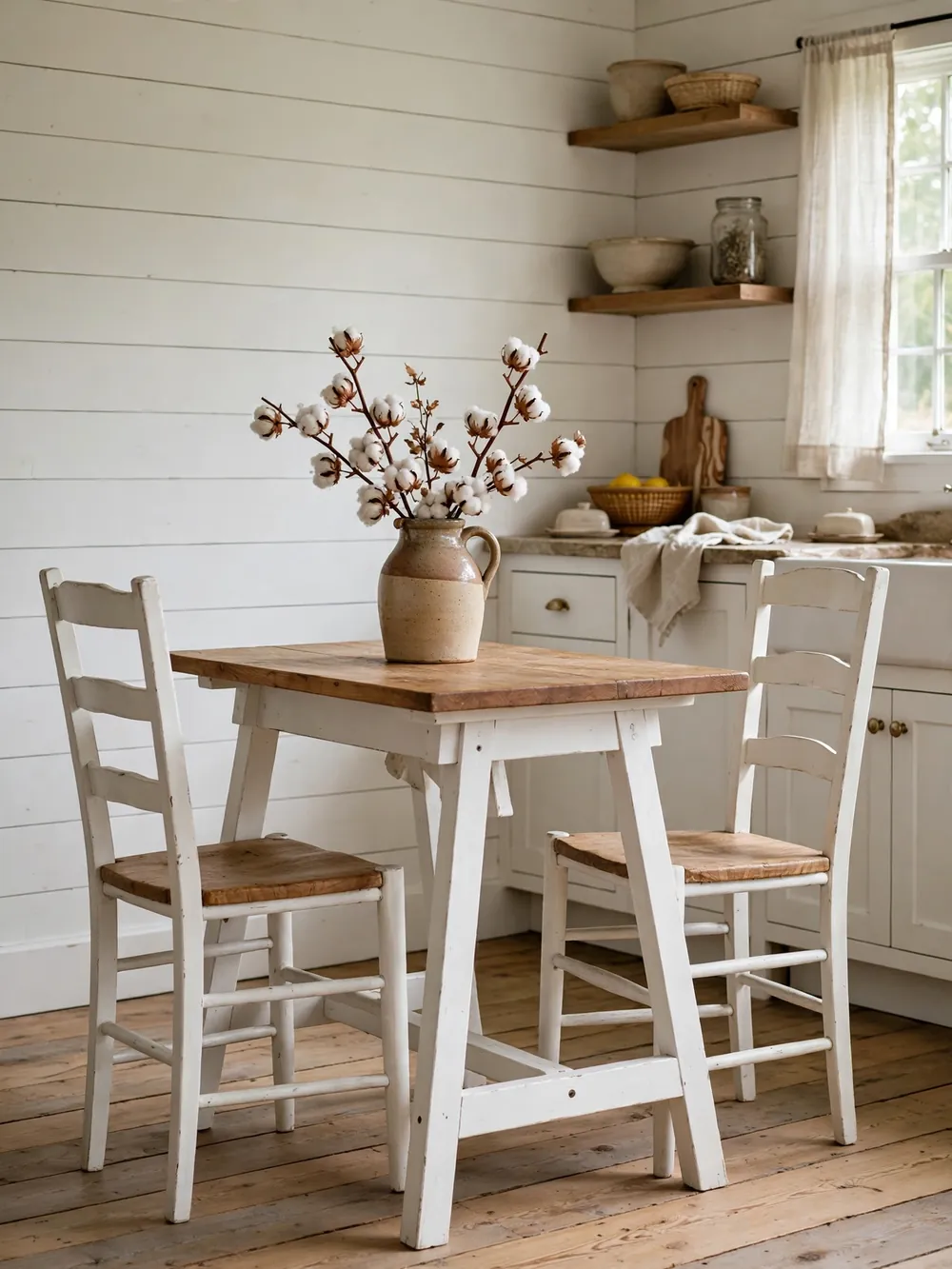 Small farmhouse trestle dining table in a shiplap kitchen