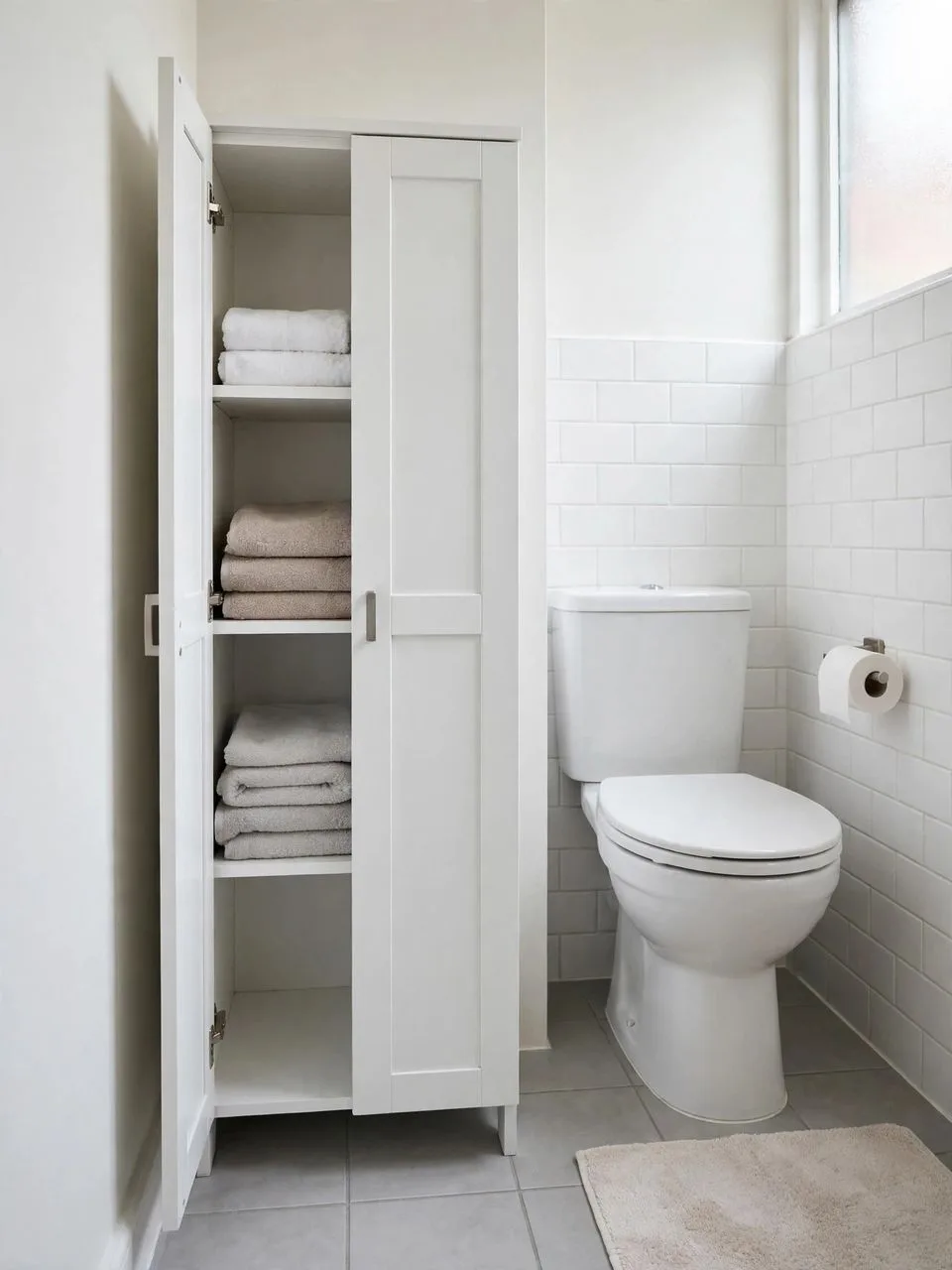 Narrow floor cabinet filling the gap beside a toilet