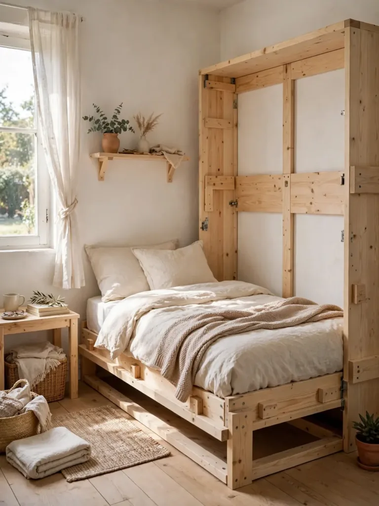 DIY-built light-pine murphy bed folded down in a bright small bedroom