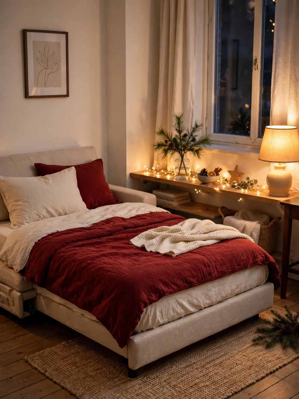Fast-converting holiday guest sleeper sofa with festive bedding ready