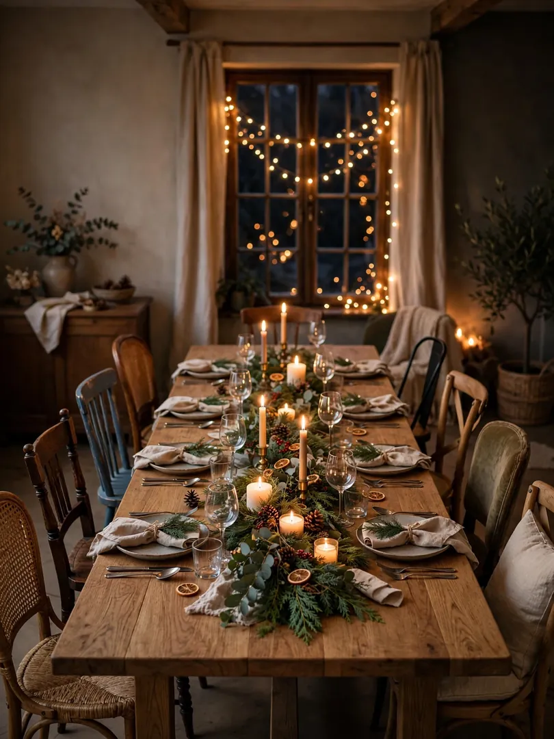 Extended dining table set for a festive holiday dinner for eight