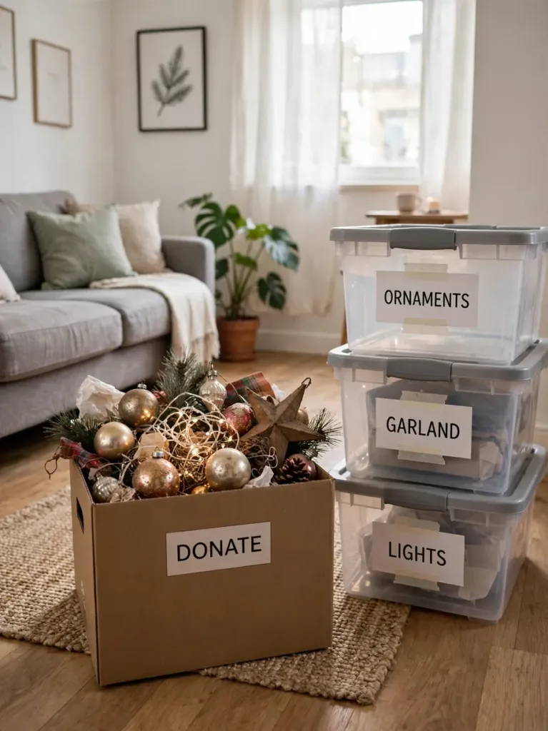 DONATE box of older Christmas decorations beside labeled ORNAMENTS, GARLAND, and LIGHTS bins