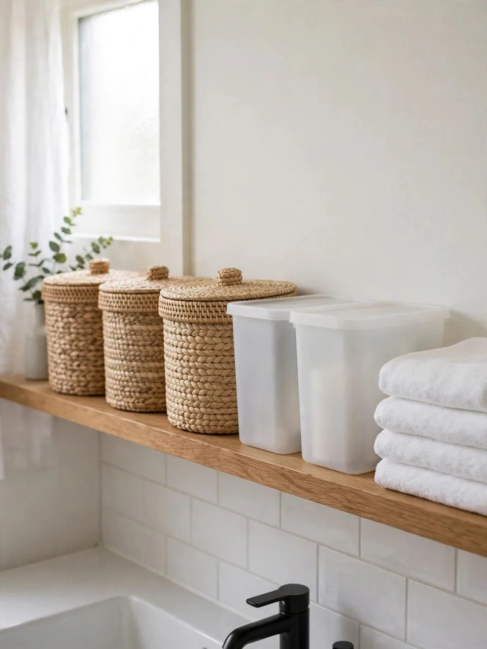 Lidded baskets and frosted bins as closed bathroom storage