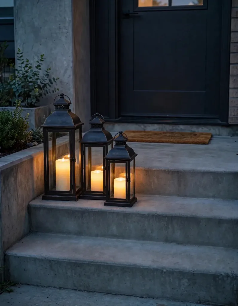 Three metal lanterns in graduated heights with flameless candles glowing on concrete entry steps