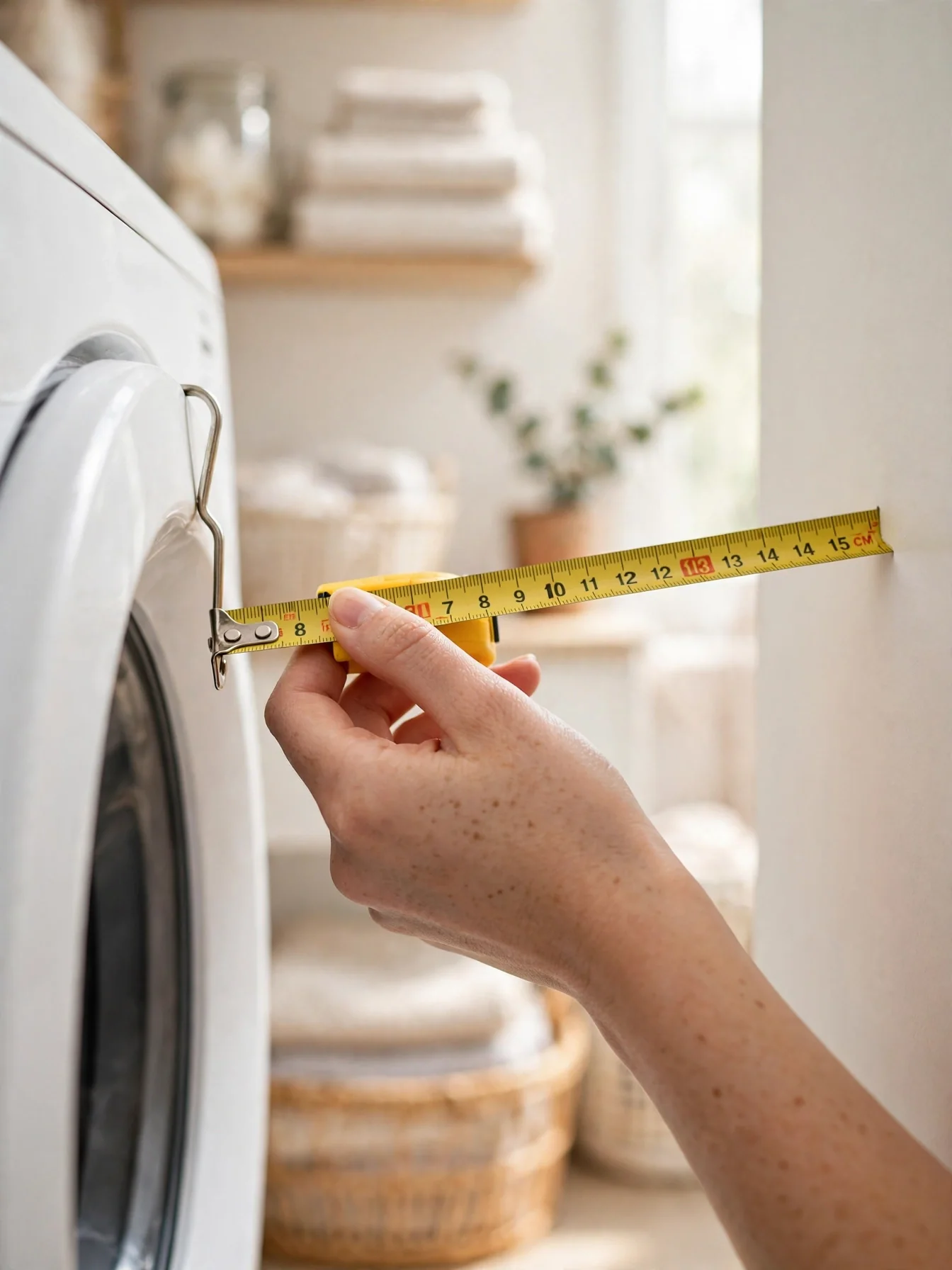 Hand measuring the narrow gap between a washing machine and wall with a tape measure