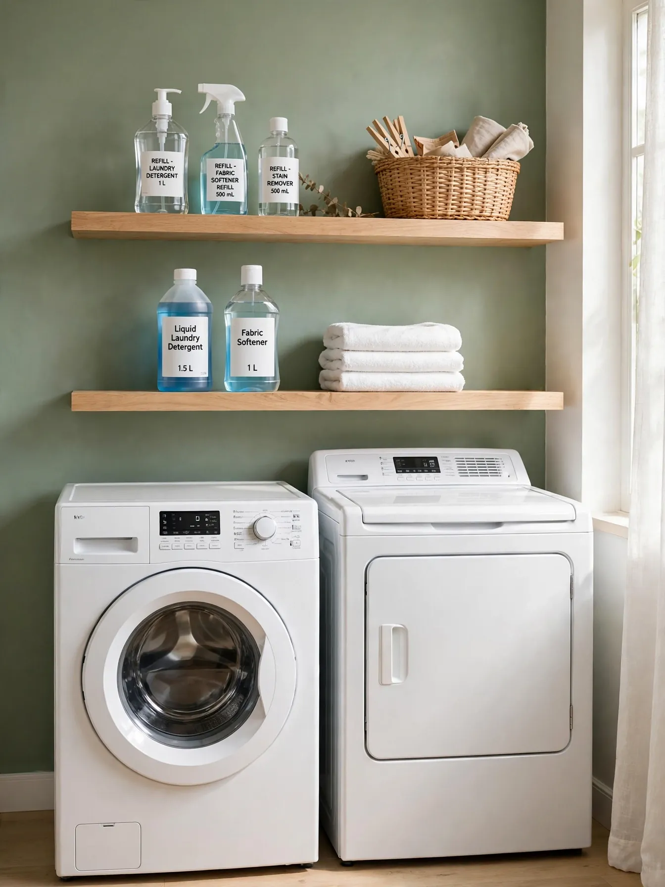 Two floating wooden shelves above a washer and dryer holding detergent bottles and folded towels