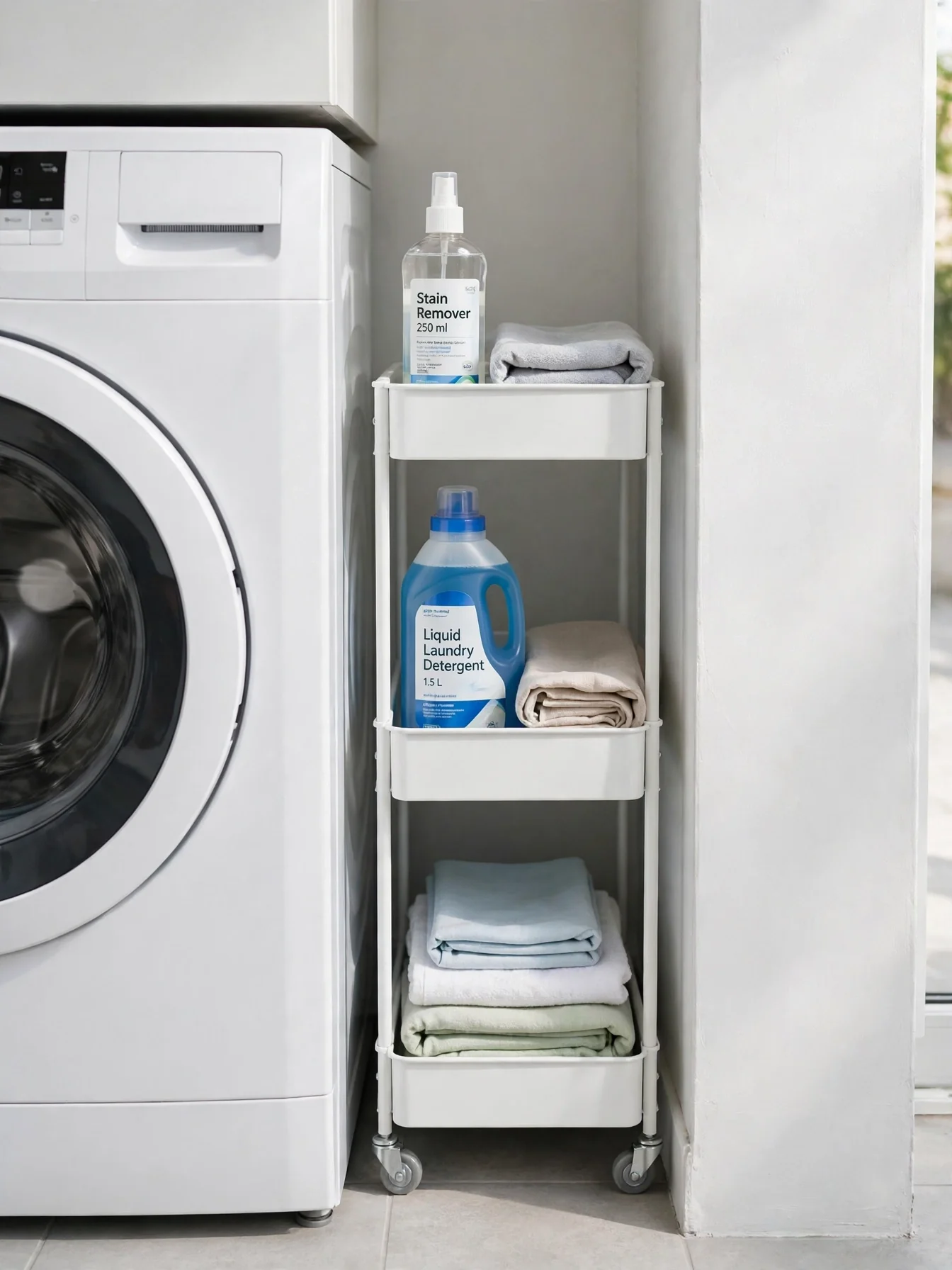 Slim three-tier rolling cart filled with laundry supplies in the gap beside a washing machine