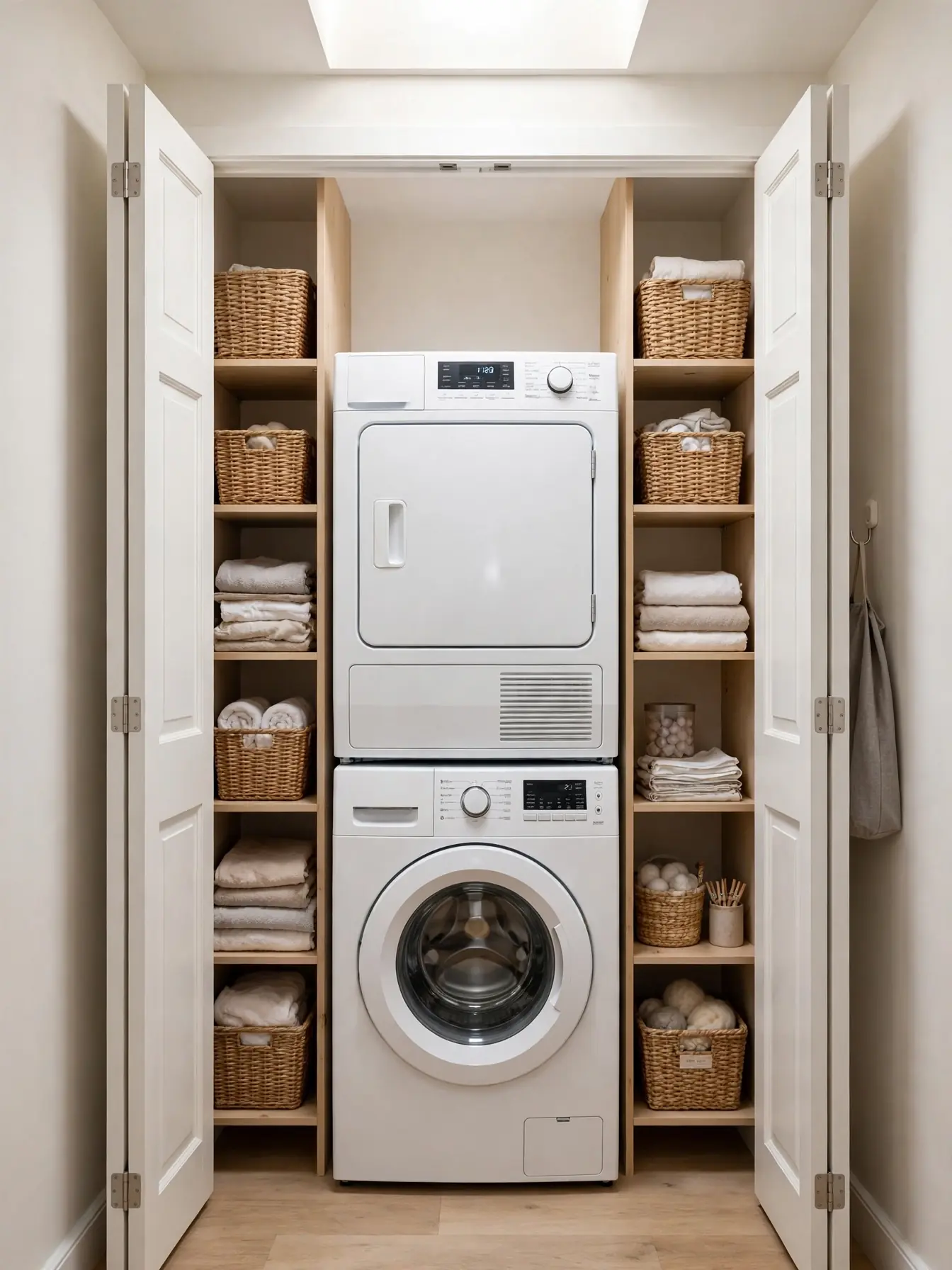 Stacked washer and dryer unit in a narrow laundry closet with storage baskets beside it