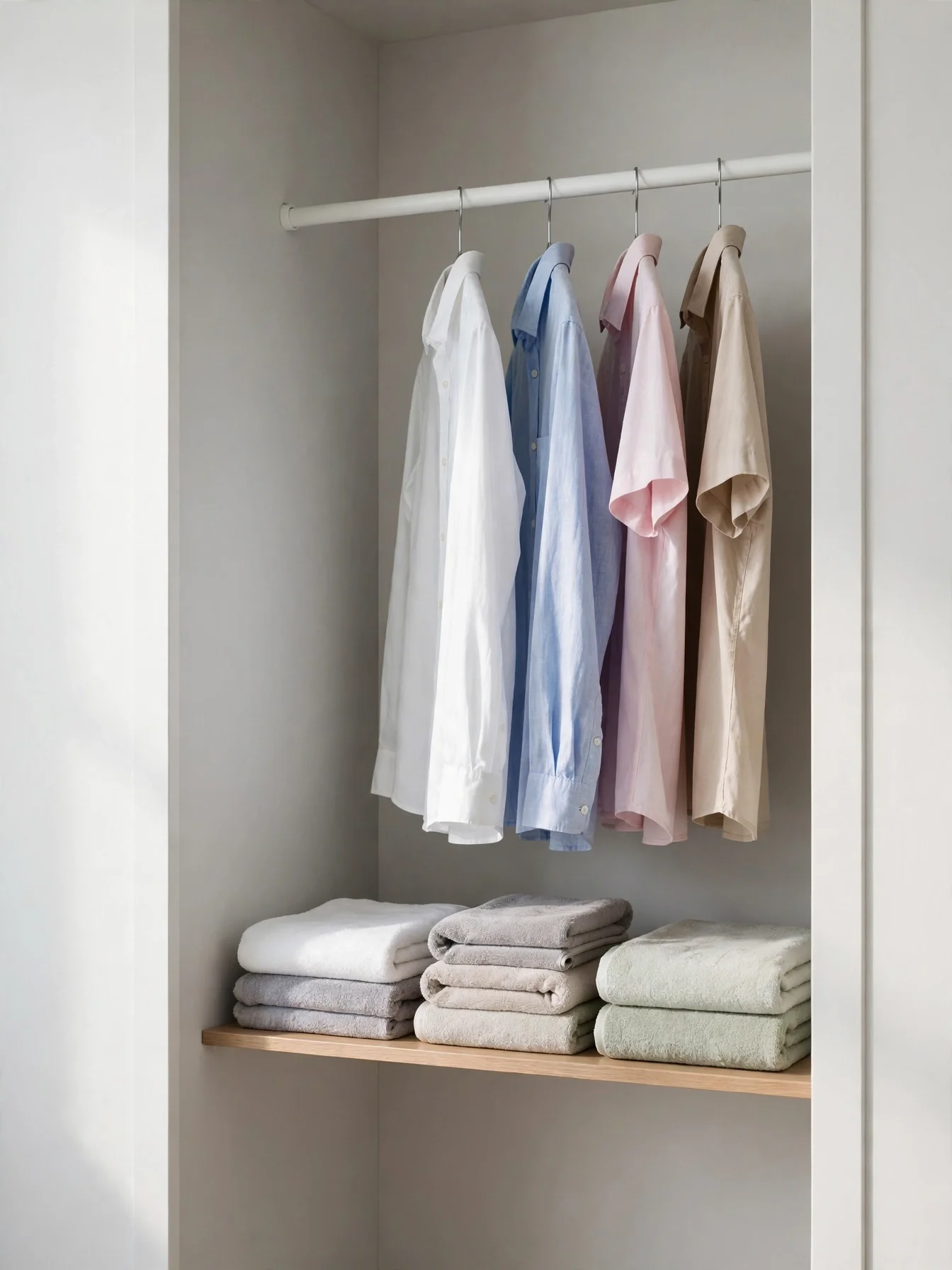 Tension rod mounted inside a small closet holding shirts on hangers for air drying