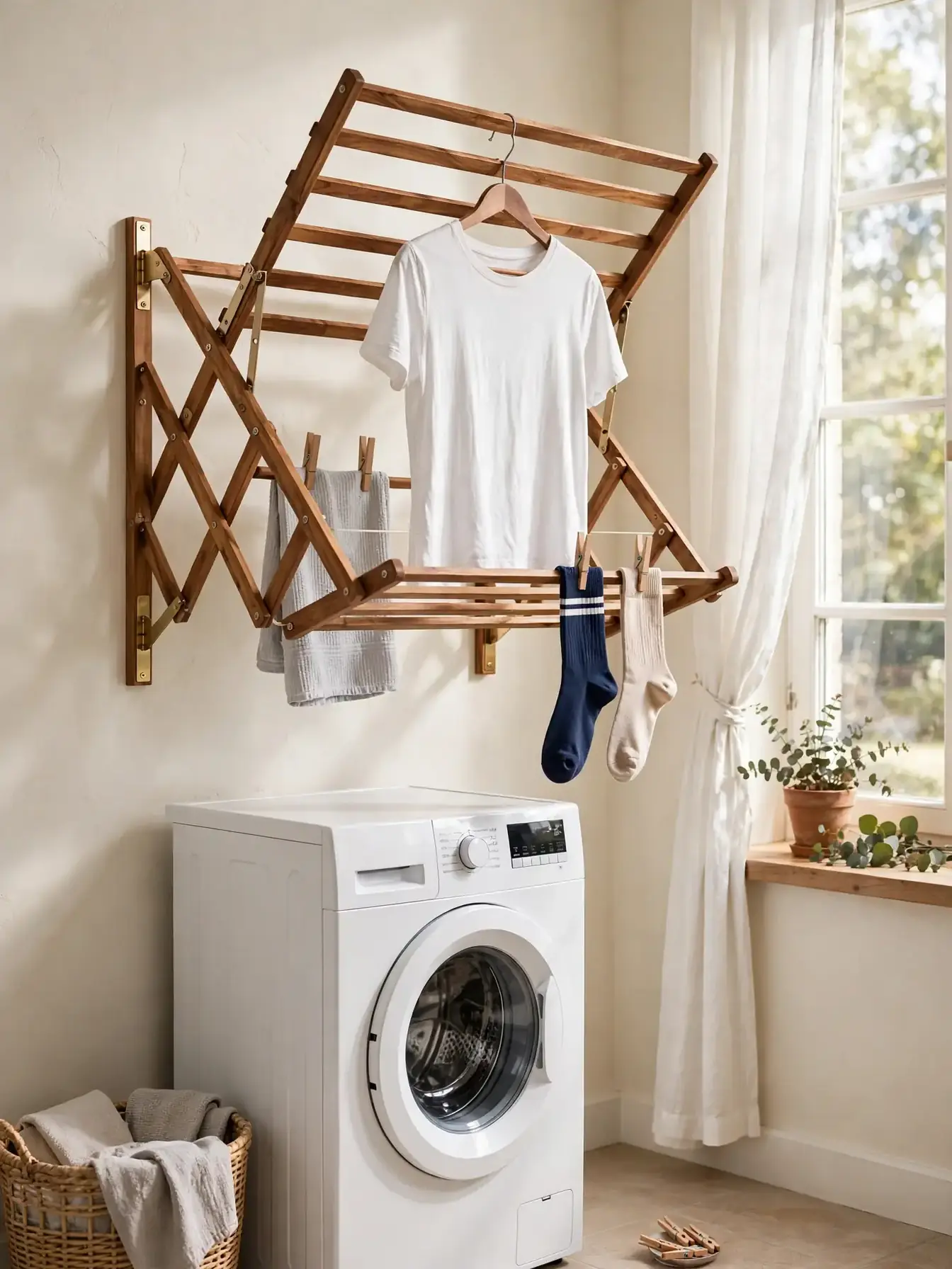 Wooden accordion drying rack mounted on a laundry room wall holding freshly washed clothes