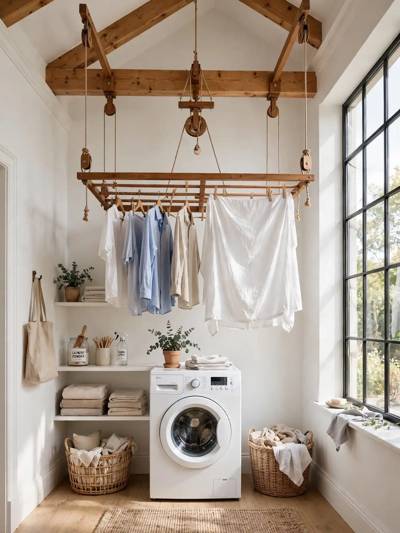 Ceiling-mounted pulley drying rack with clothes hanging overhead in a bright laundry room