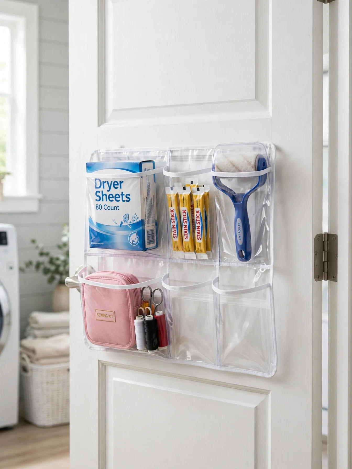Clear pocket organizer hanging on a laundry room door holding dryer sheets and stain removers