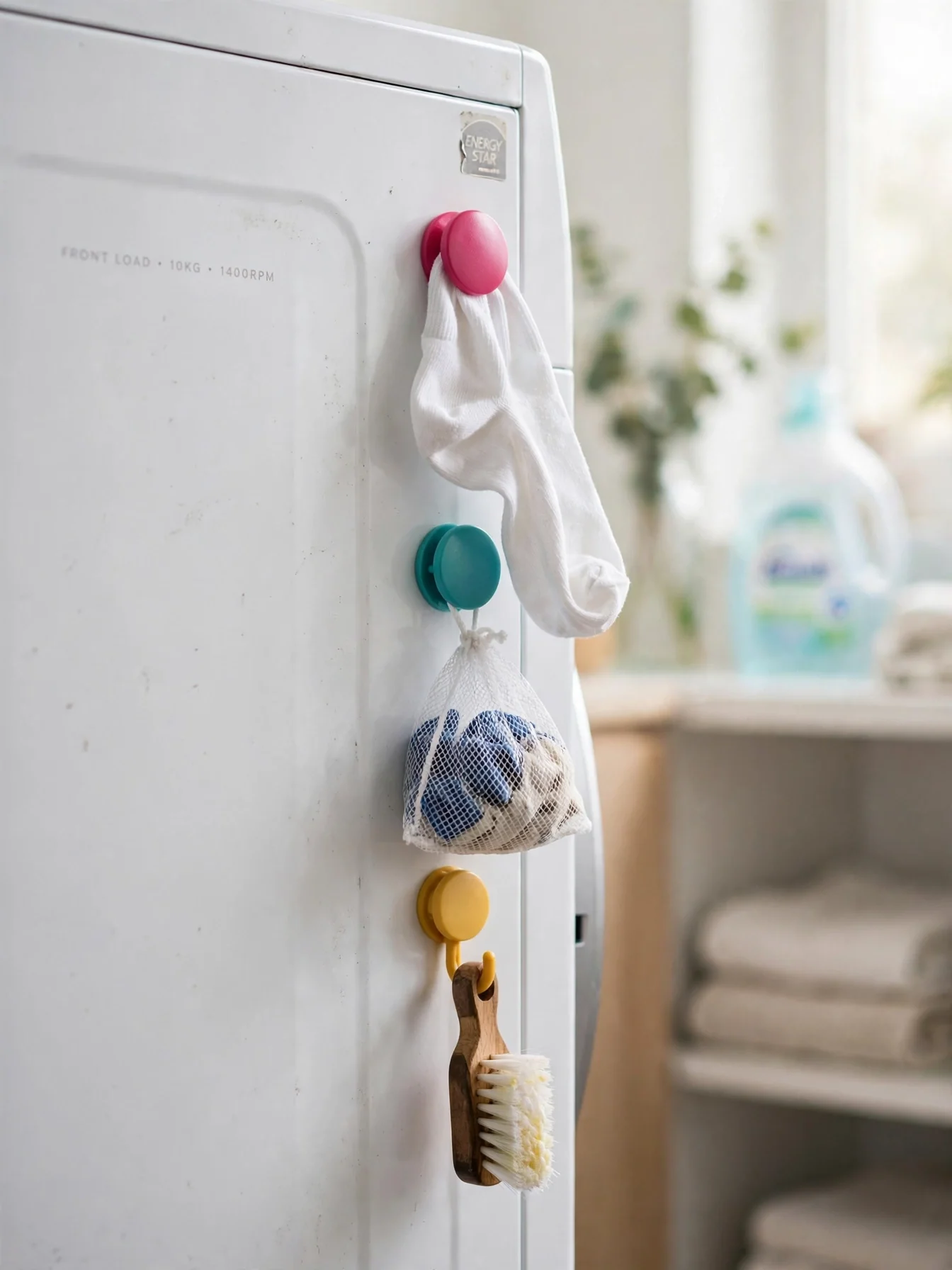 Magnetic clips attached to the side of a washing machine holding a lone sock and mesh laundry bag