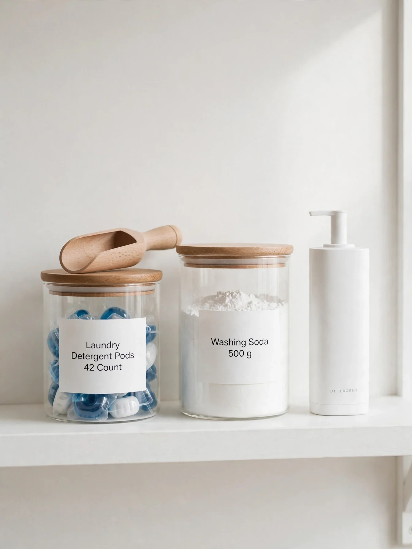 Labeled glass canisters with laundry detergent pods and supplies on a white laundry shelf
