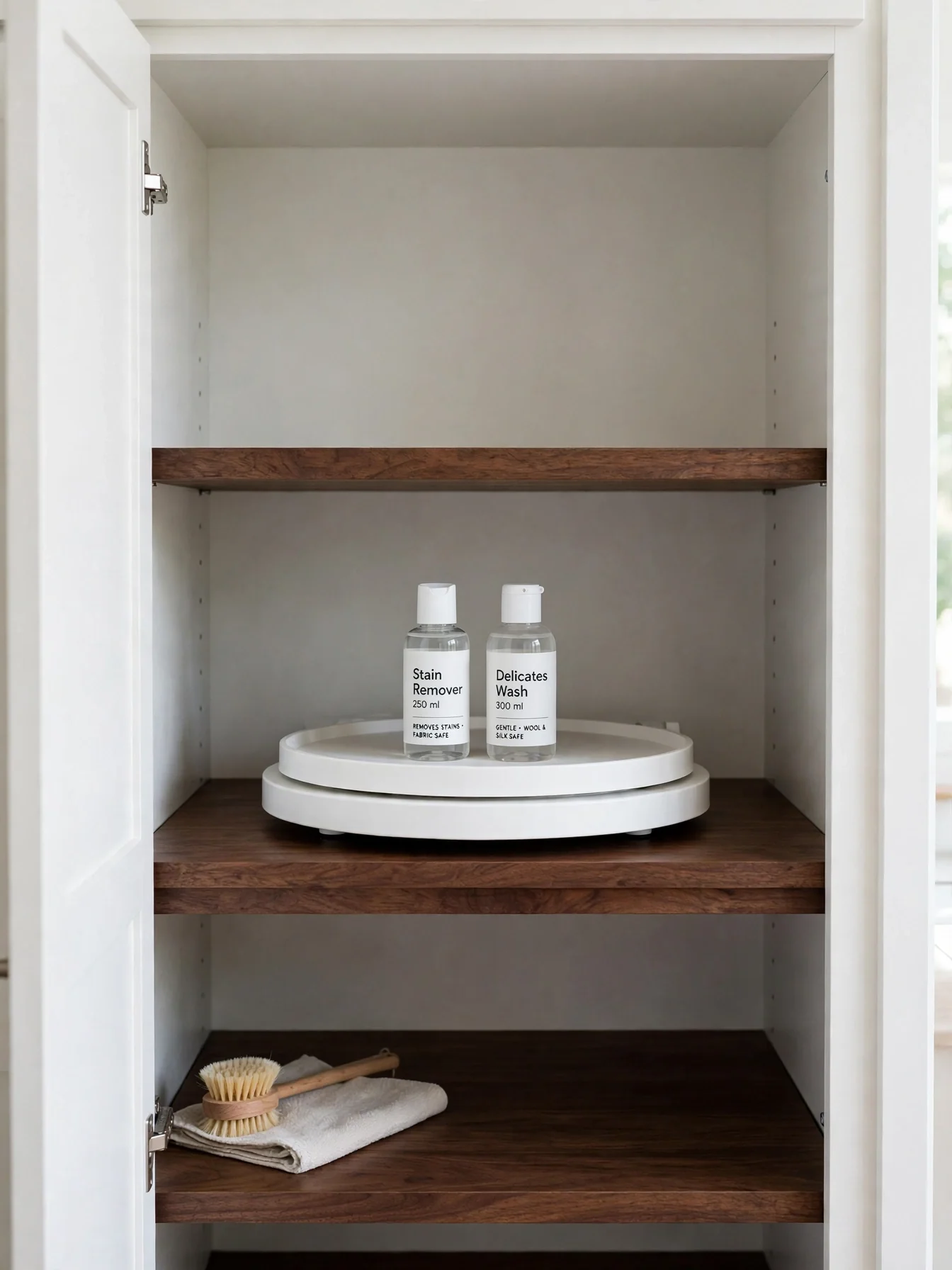 White turntable inside a laundry cabinet holding small labeled stain remover bottles