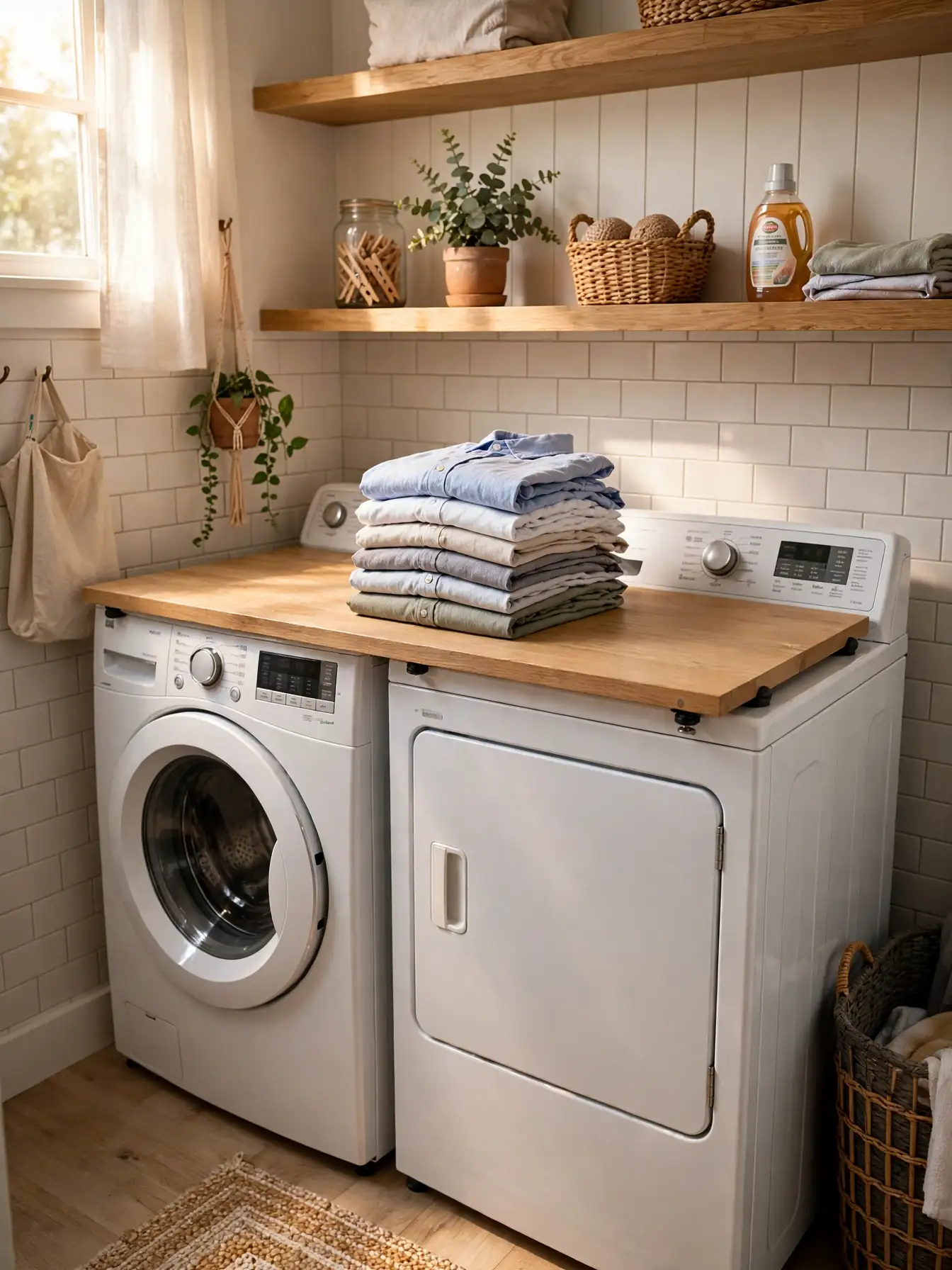 Light wood board laid across a washer and dryer serving as a folding counter with folded clothes