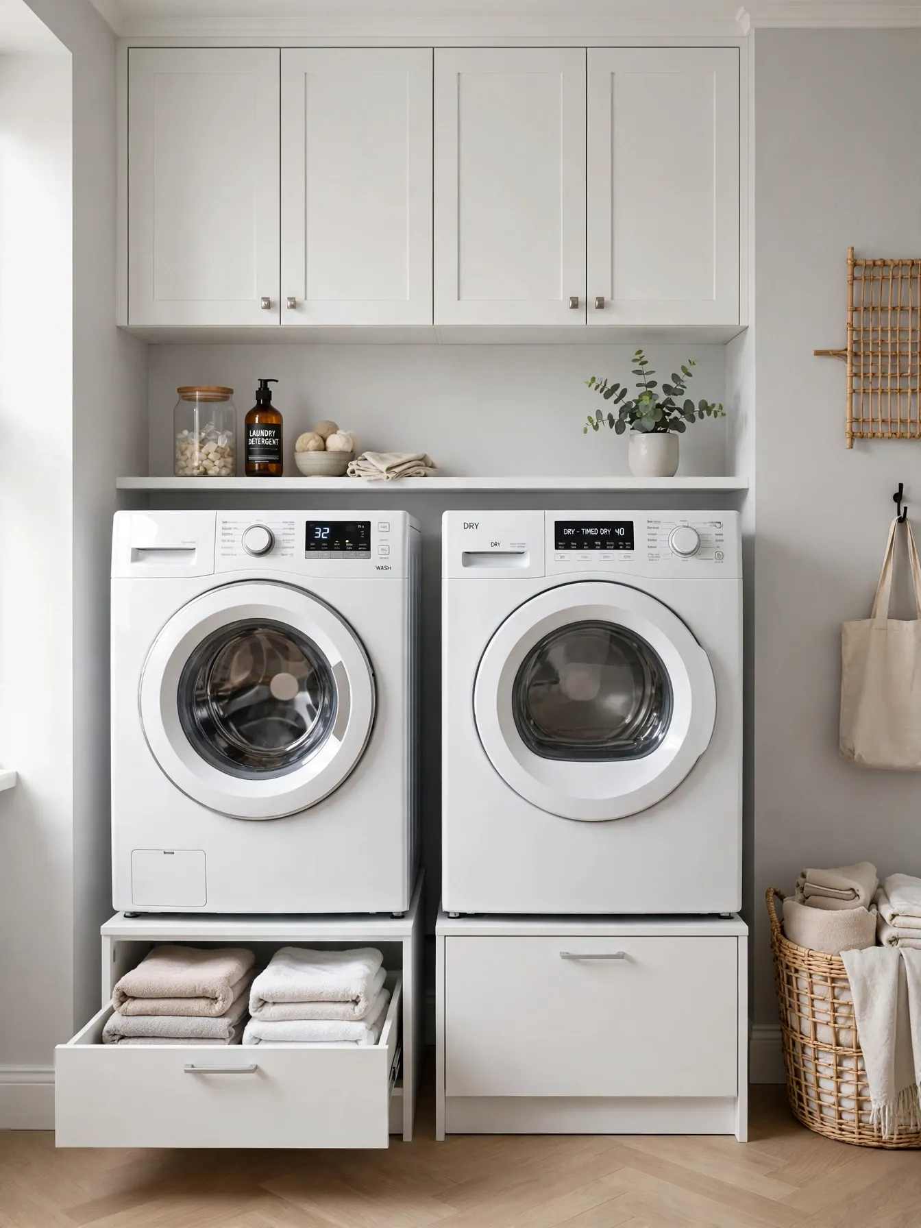 Front-load washer and dryer raised on drawer pedestals with one drawer open showing folded towels