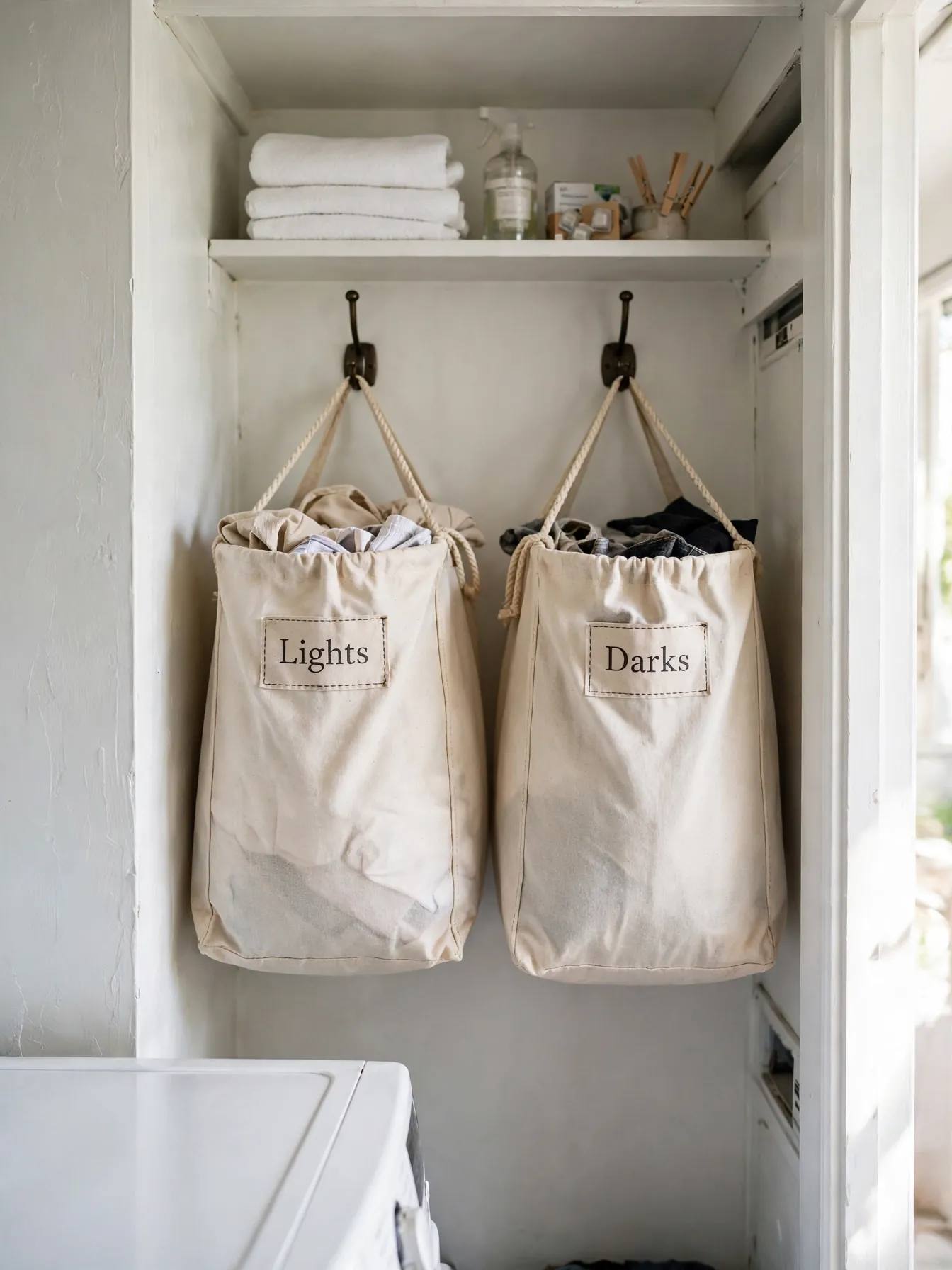 Two labeled canvas laundry bags hanging on hooks for sorting lights and darks in a small closet