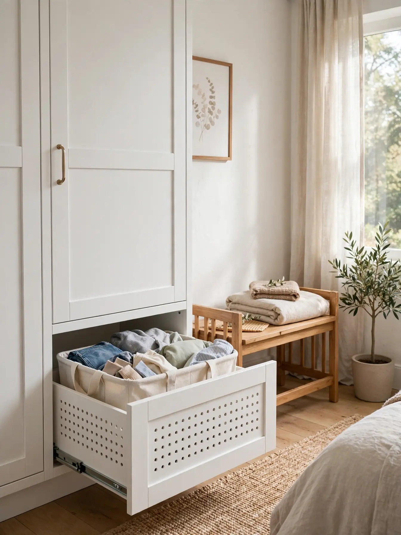 White storage cabinet with a pull-out laundry hamper drawer open in a bright bedroom corner