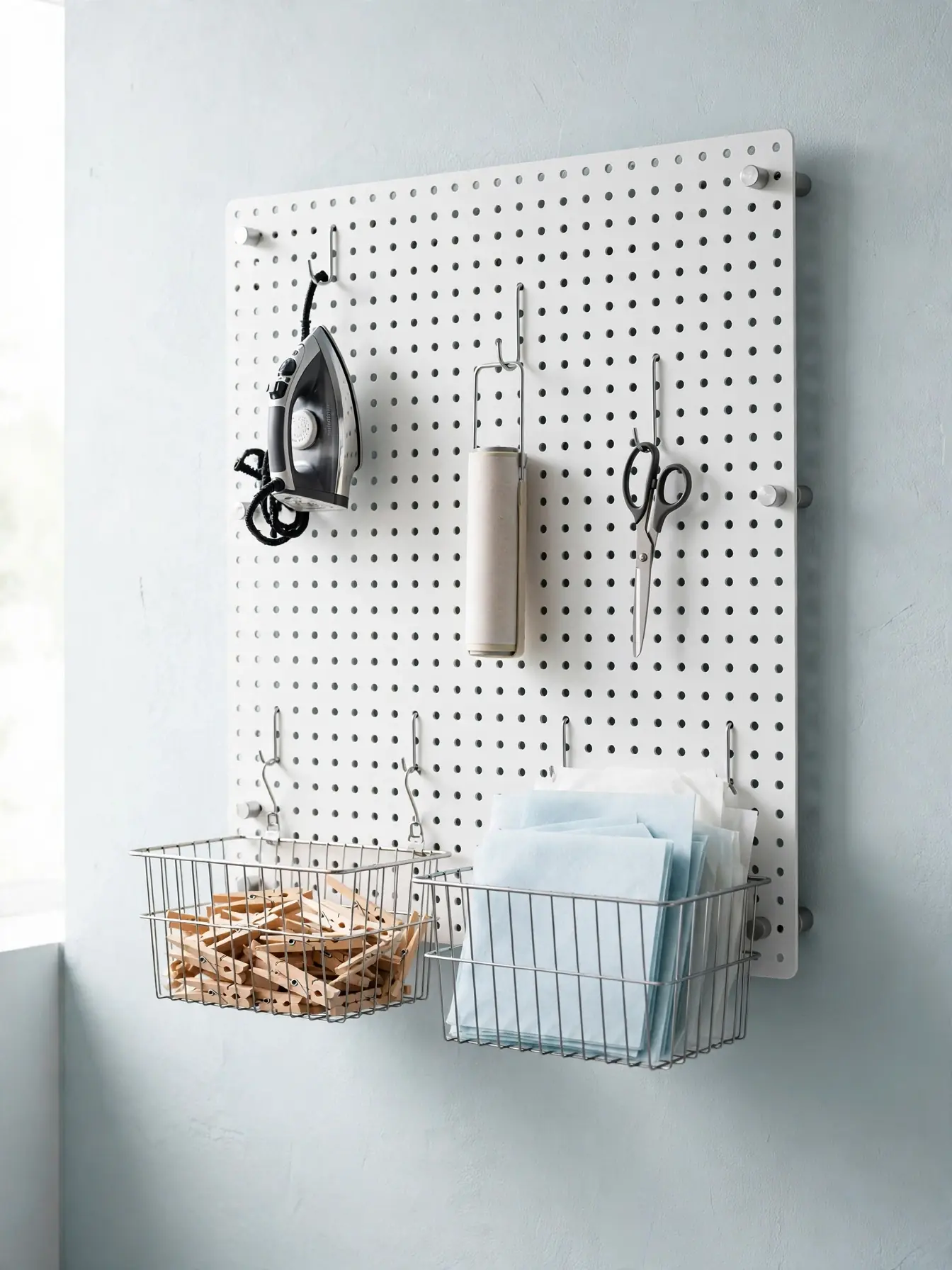 White pegboard mounted on a laundry room wall with hooks holding an iron, lint roller, and baskets