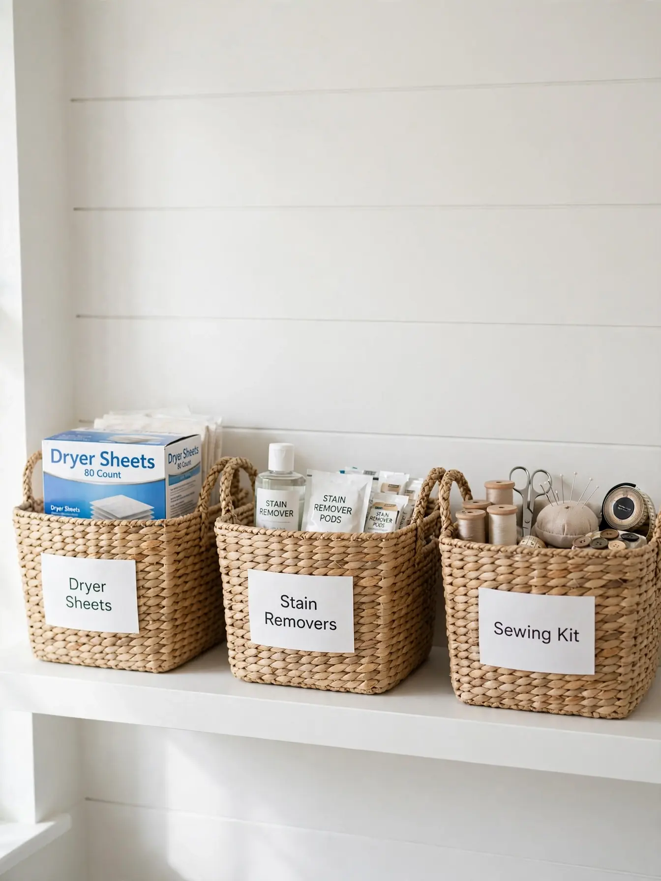 Matching seagrass baskets with labels holding dryer sheets and stain removers on a laundry shelf