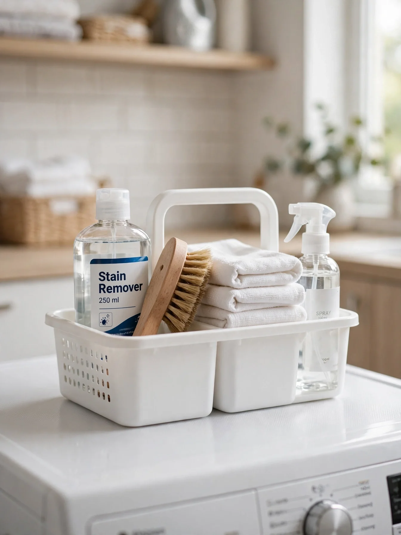 Small caddy with labeled stain remover, brush, and white cloths beside a washing machine