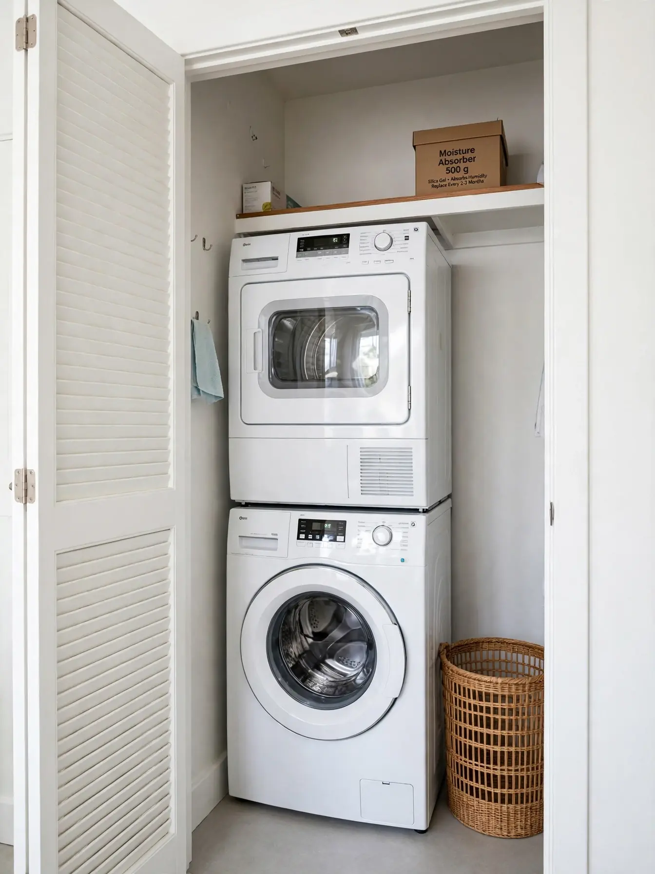 Moisture absorber on the shelf in a small laundry closet with the door open