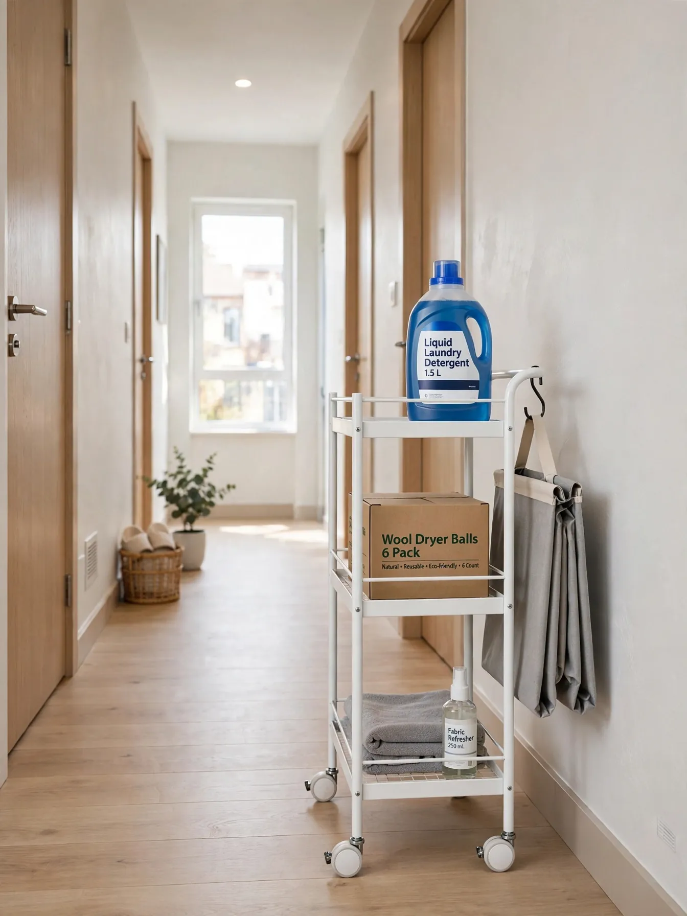 Slim rolling cart packed with laundry supplies and a collapsible hamper in an apartment hallway