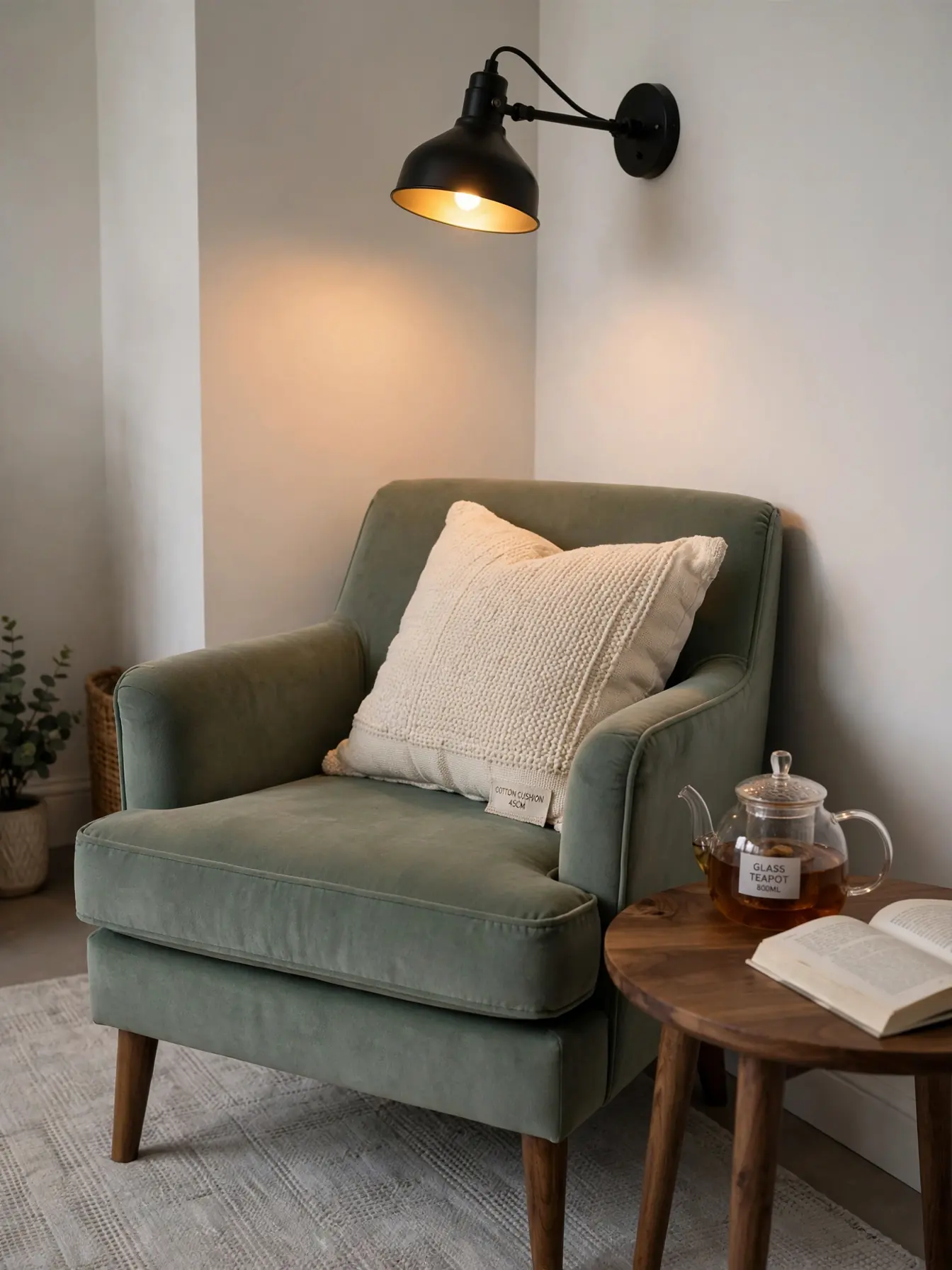 Sage green armchair in a small apartment corner with a swing-arm wall sconce and side table