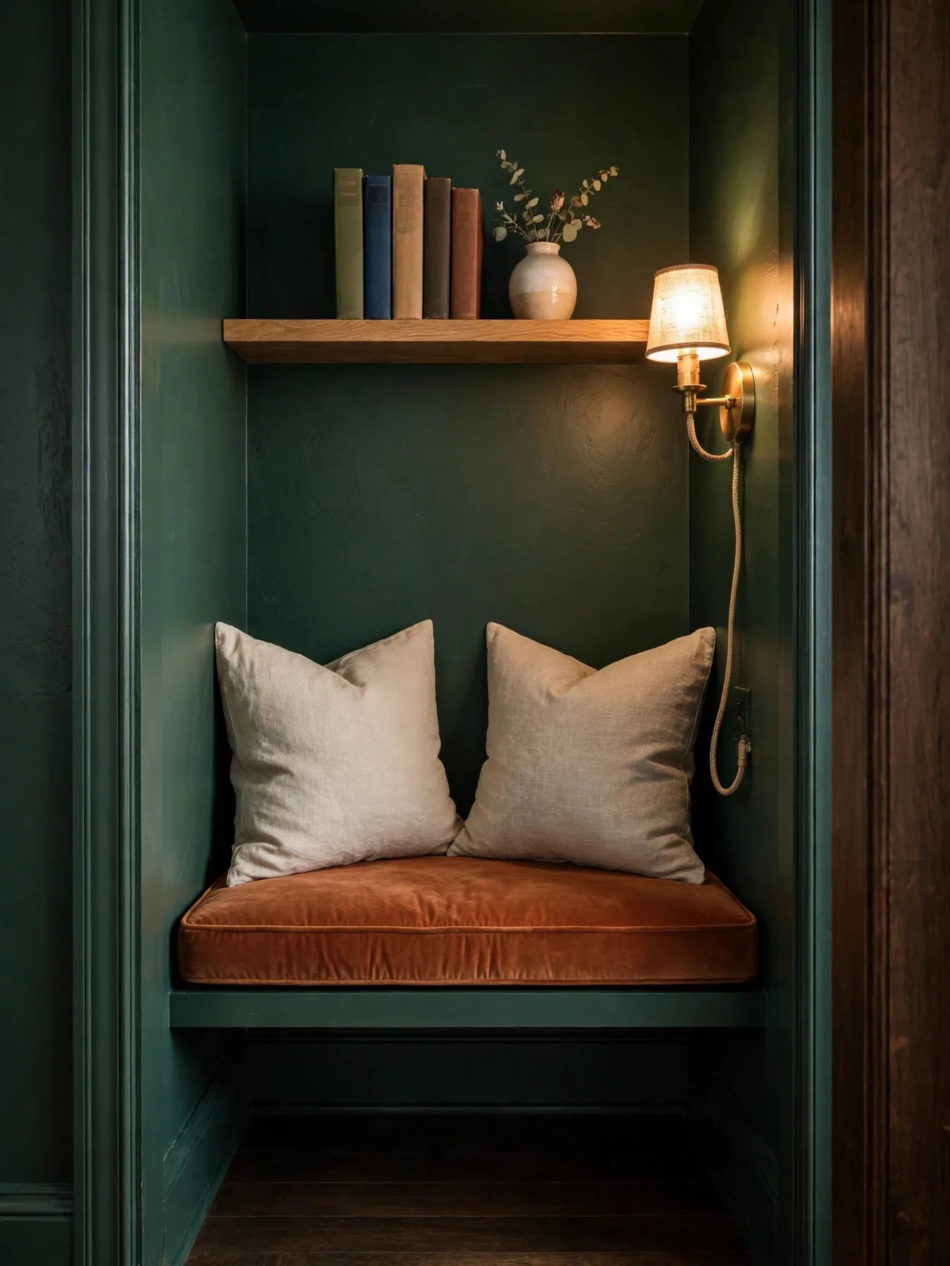 Adult closet reading nook with deep green walls, bench cushion, and warm plug-in sconce