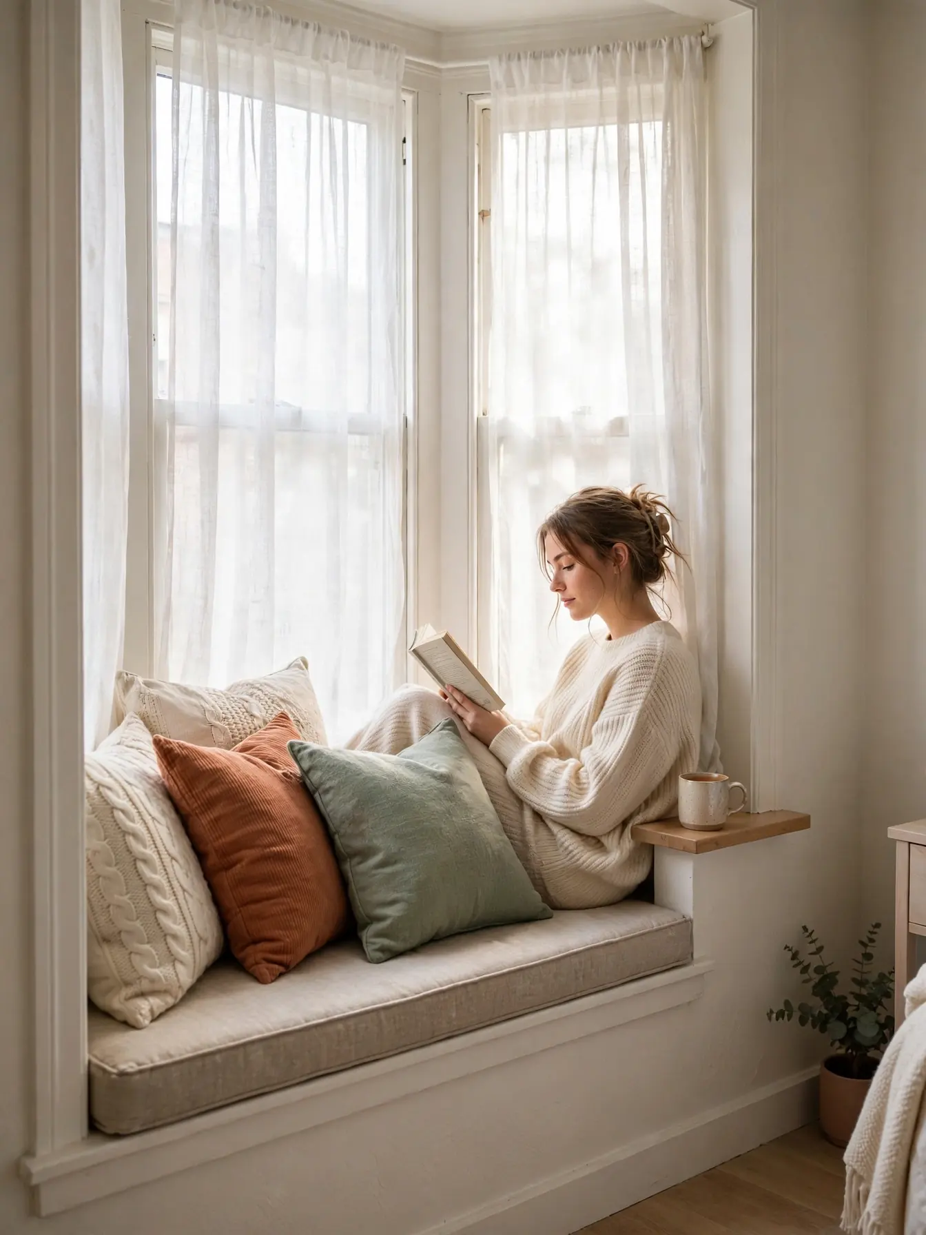 Woman reading on a cushioned bay window seat with sheer curtains in a small apartment