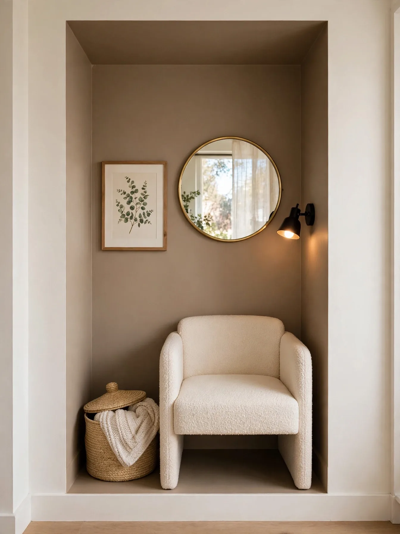 Narrow alcove reading nook with cream bouclé chair, round mirror, and wall lamp