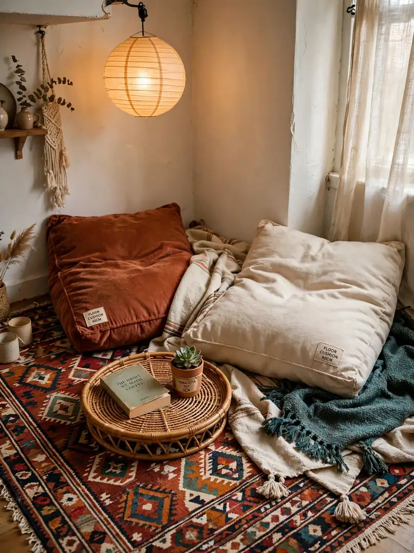 Bohemian floor cushion reading nook with kilim rug, tray table, and paper lantern