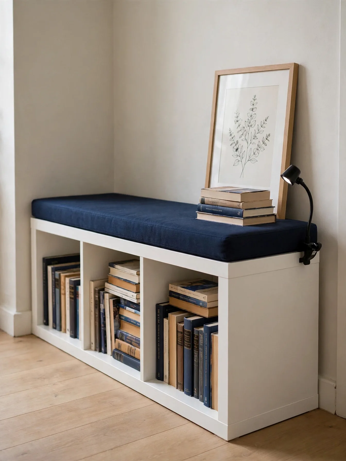 Low bookcase with bench cushion doubling as reading seat and book storage
