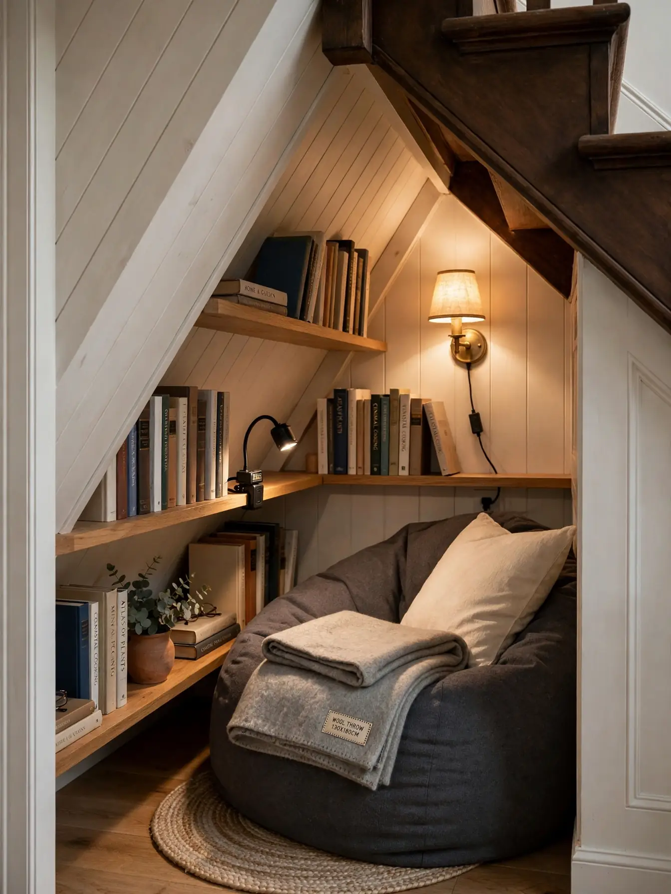 Cozy reading hideaway under a staircase with beanbag, fitted shelves, and warm sconce