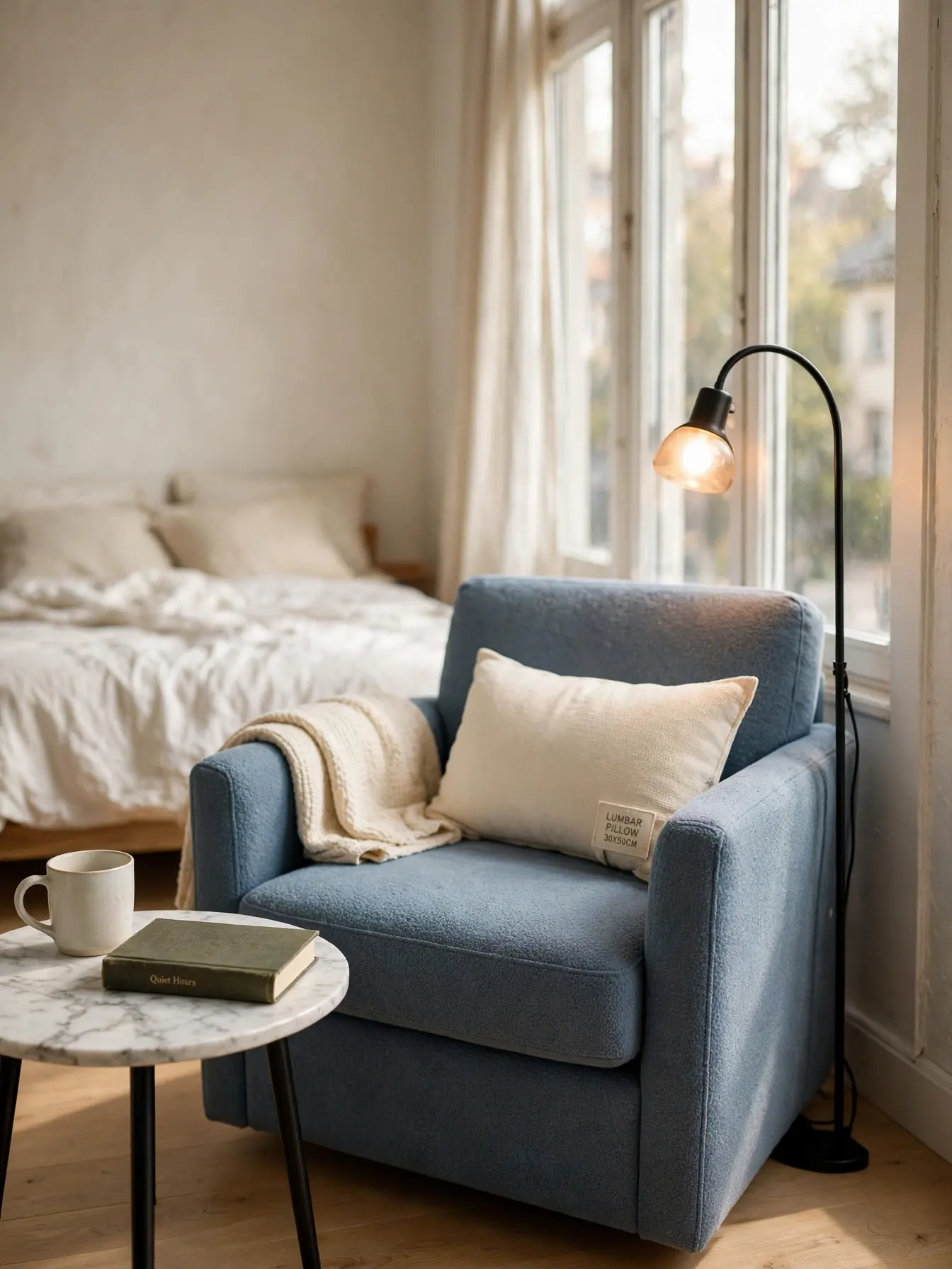 Compact bedroom reading corner with blue armchair, lumbar pillow, and floor lamp by the window