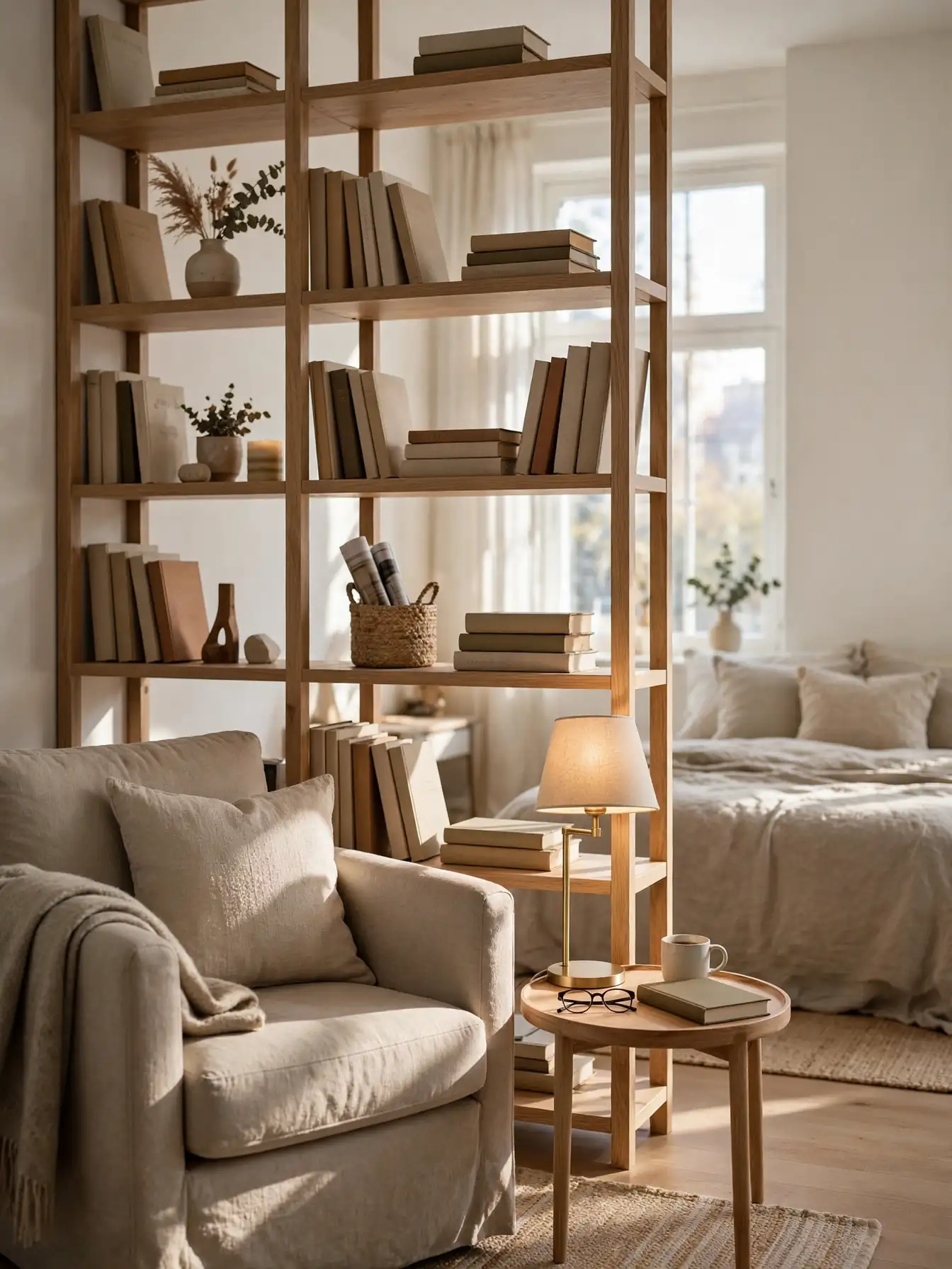Studio apartment reading nook zoned by an open bookcase used as a room divider