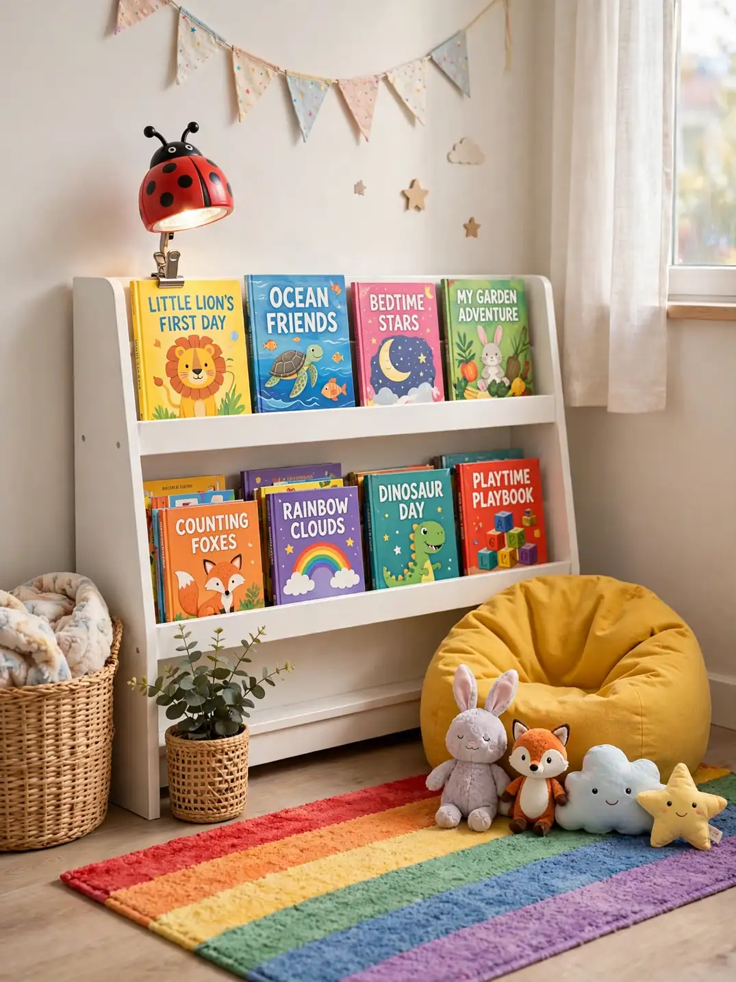 Kids reading corner with low picture-ledge bookshelf, small beanbag, and colorful rug