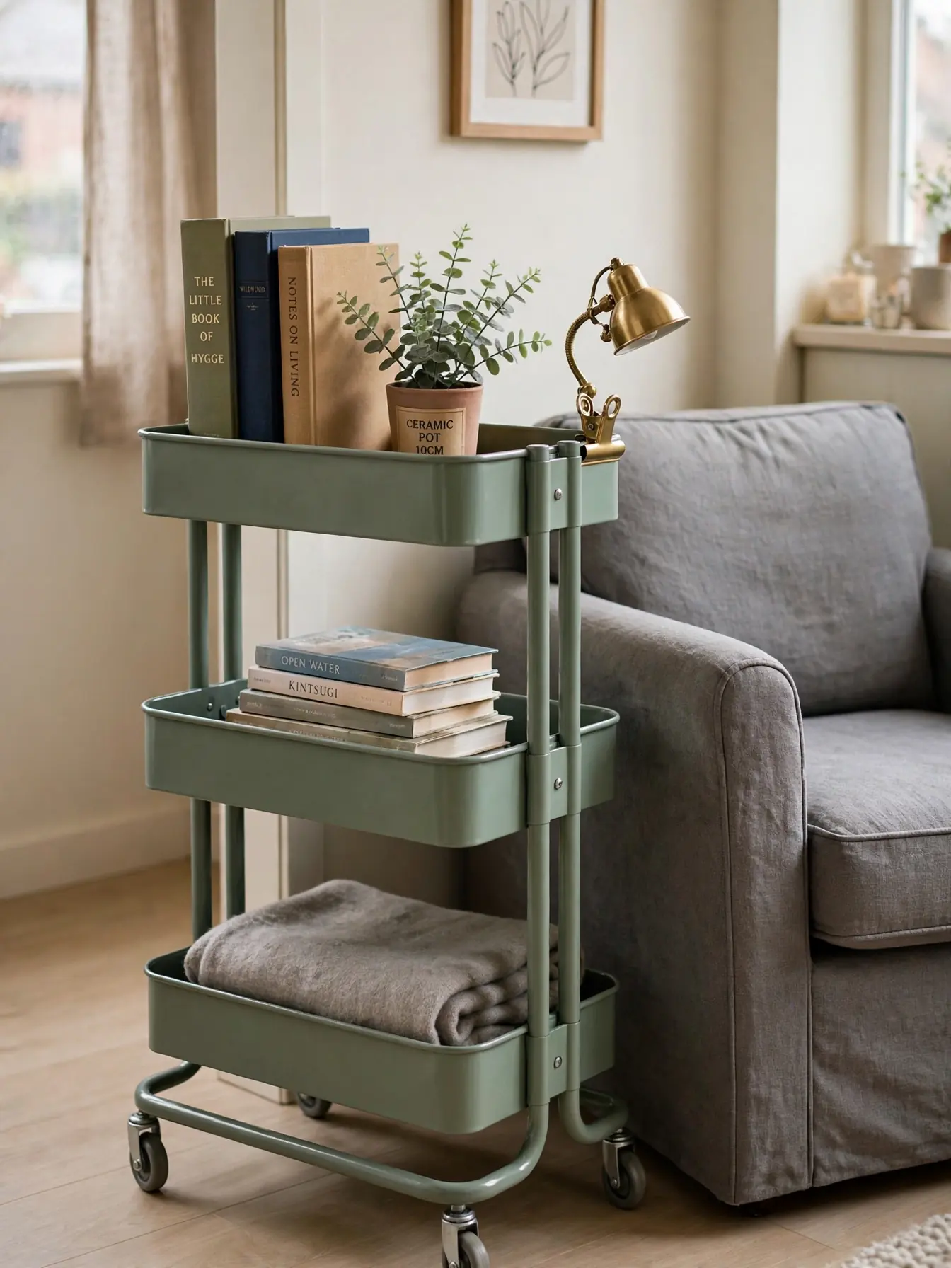 Three-tier rolling book cart styled beside an armchair as a portable reading station