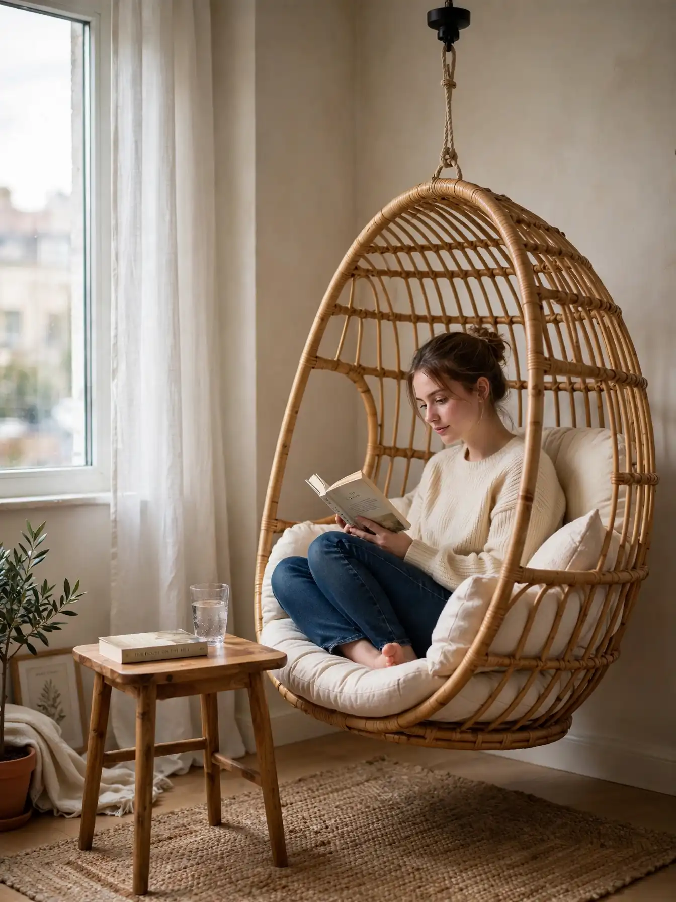 Rattan hanging chair reading nook by a window with side table and rug