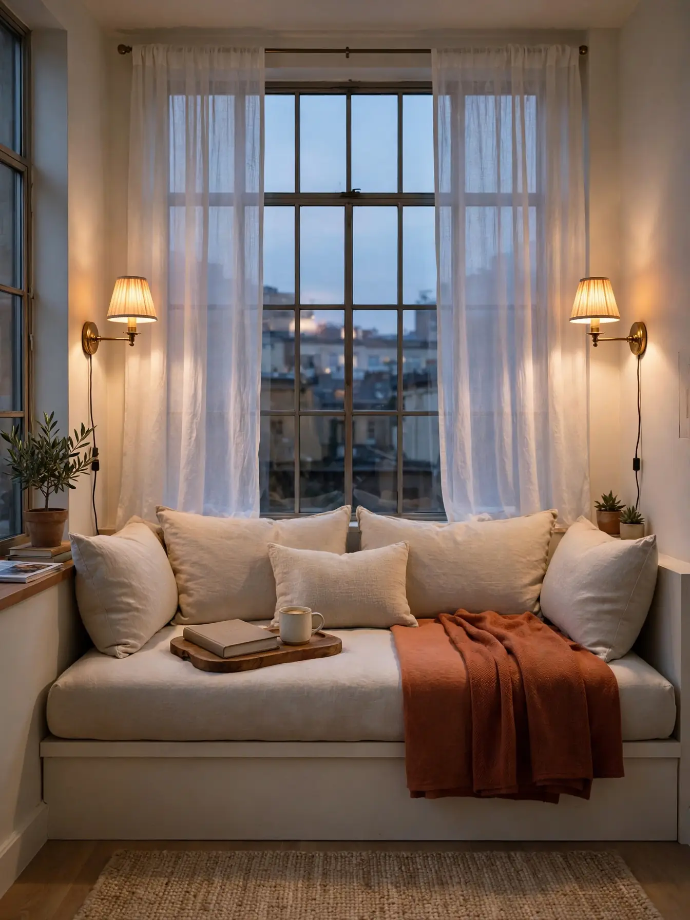 Daybed reading nook under a wide window dressed as a sofa with two plug-in sconces