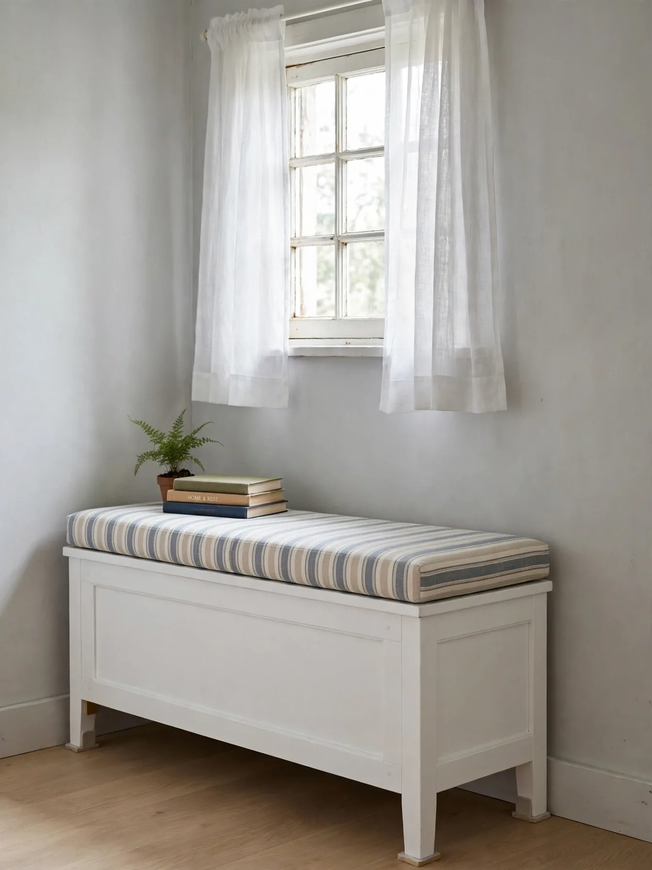 Storage bench with cushion under a window hiding blankets and book overflow