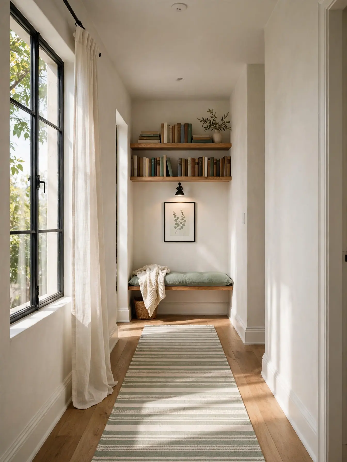 Narrow bench reading nook at the end of a bright hallway with floating shelves