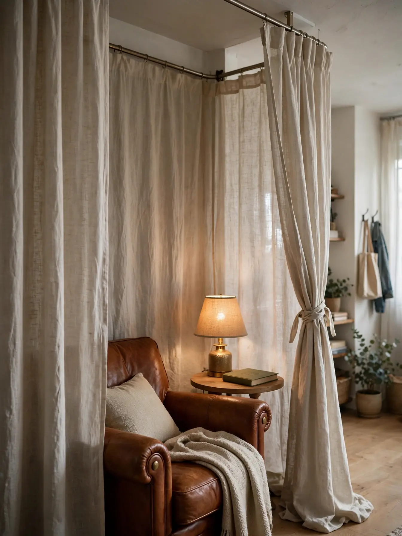 Curtained canopy reading nook with linen panels around a leather armchair