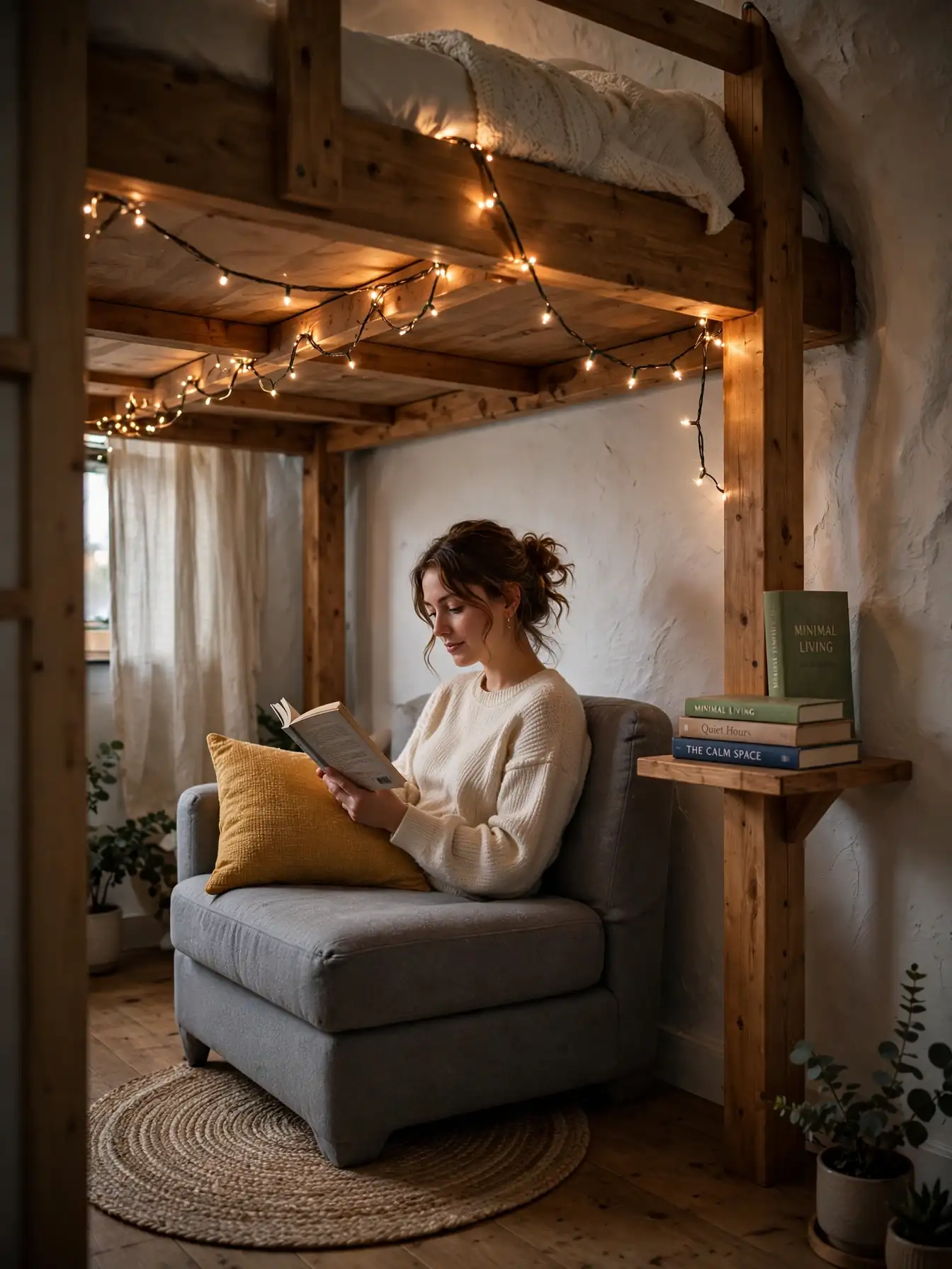 Reading chair tucked under a loft bed with string lights and a small rug
