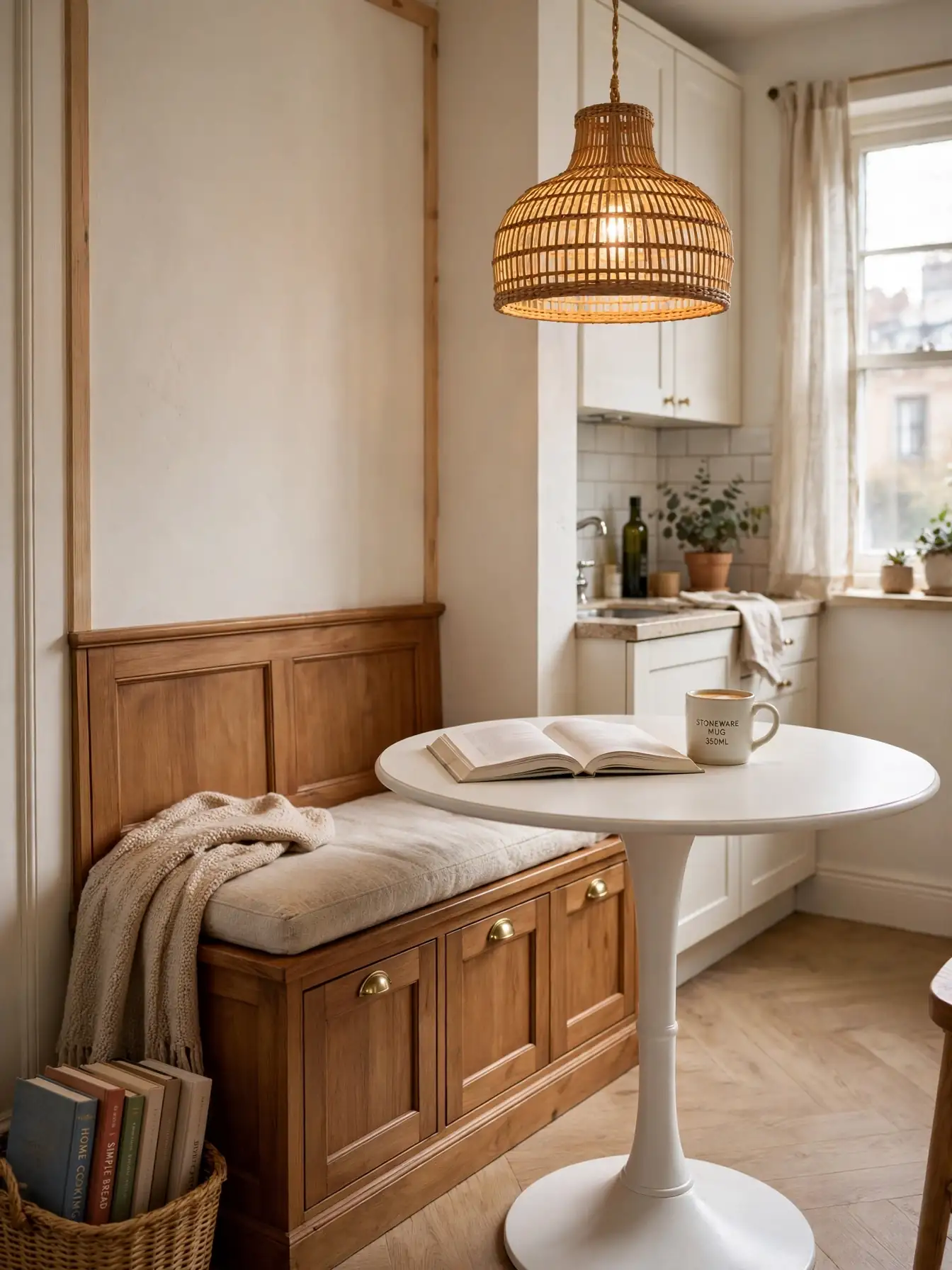 Dining corner with storage bench and pendant light doubling as a reading nook